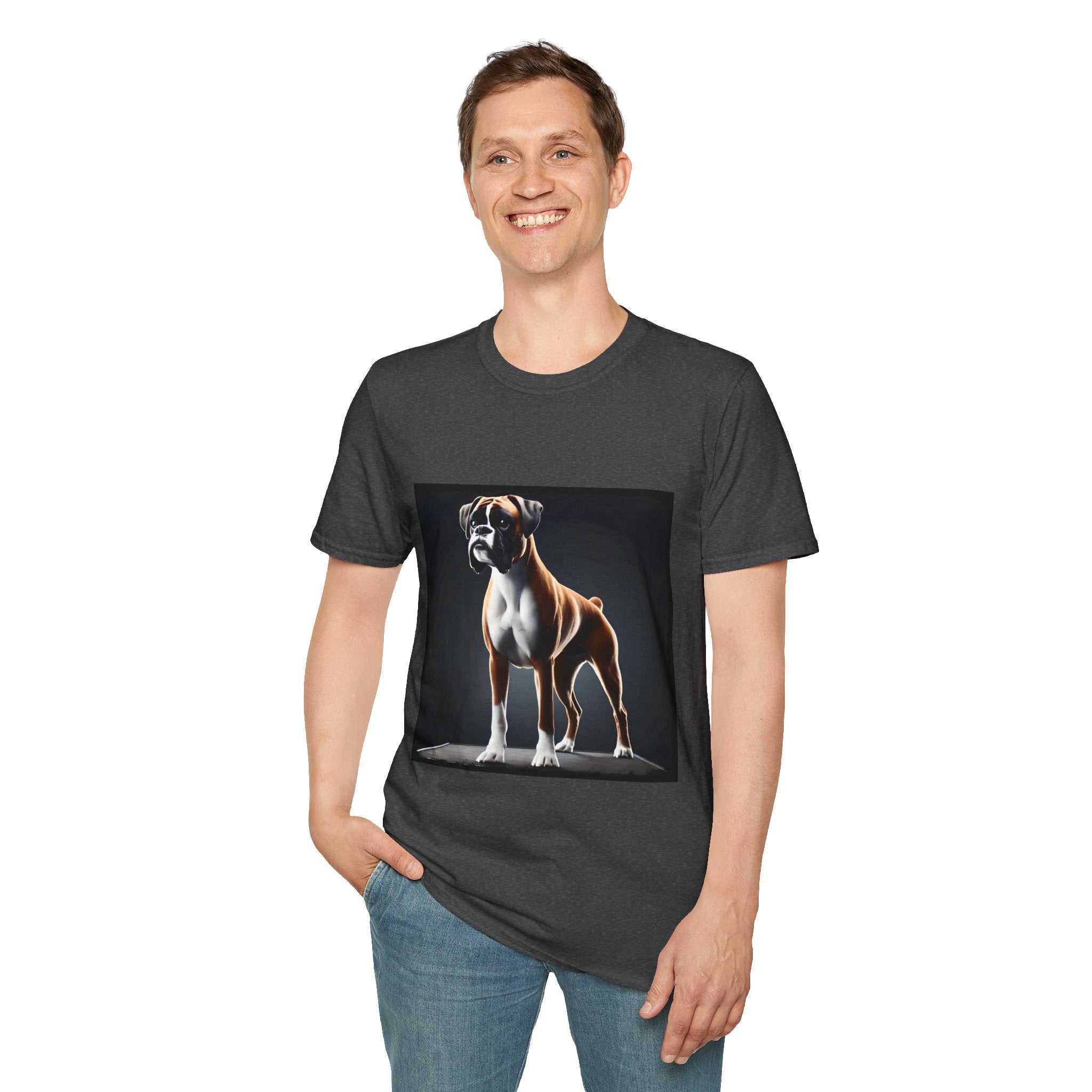 Male model in dark heather dog t-shirt featuring standing boxer on platform with black background and dramatic lighting.
