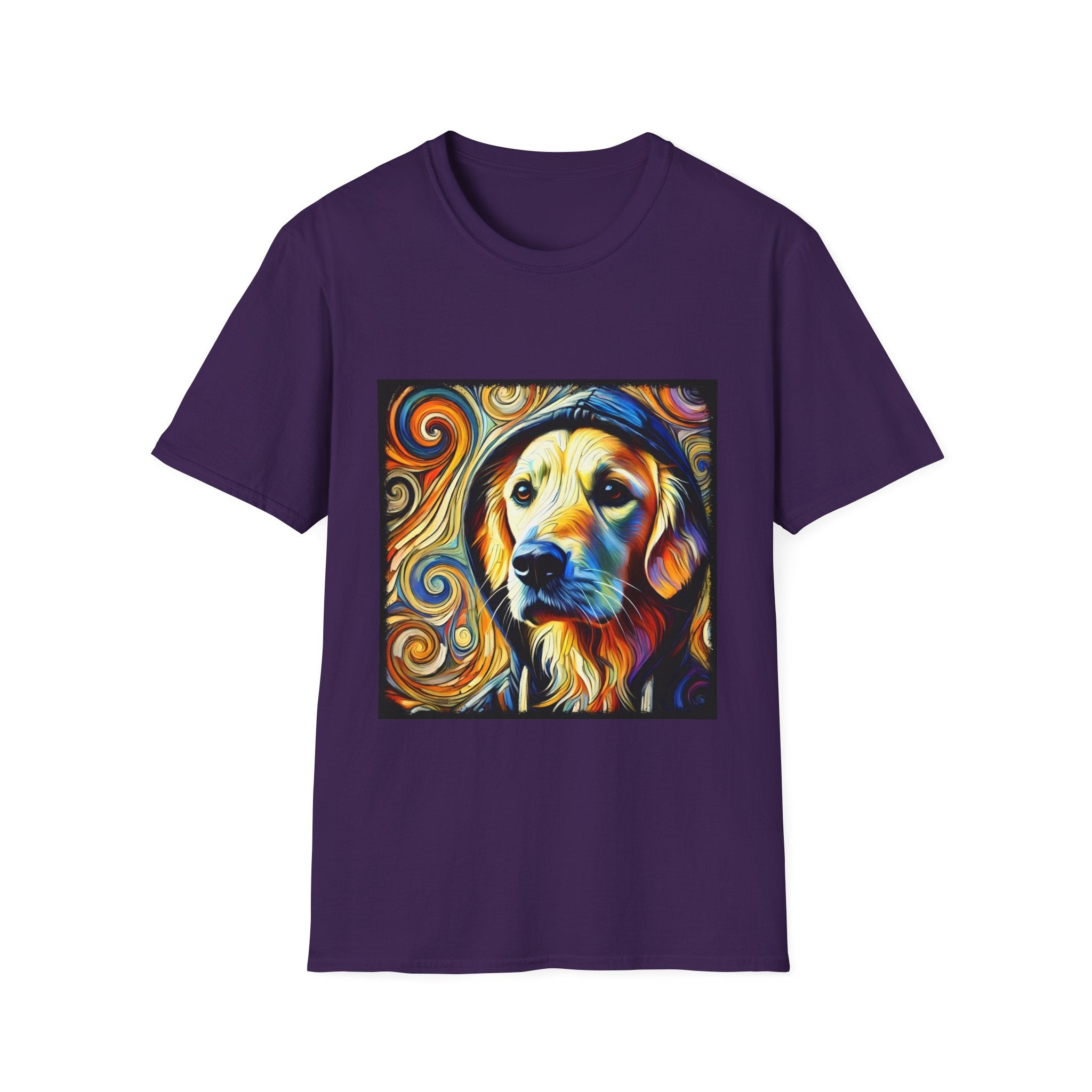 Purple dog t-shirt with golden retriever in hoodie, swirled background in orange, yellow, and teal tones.