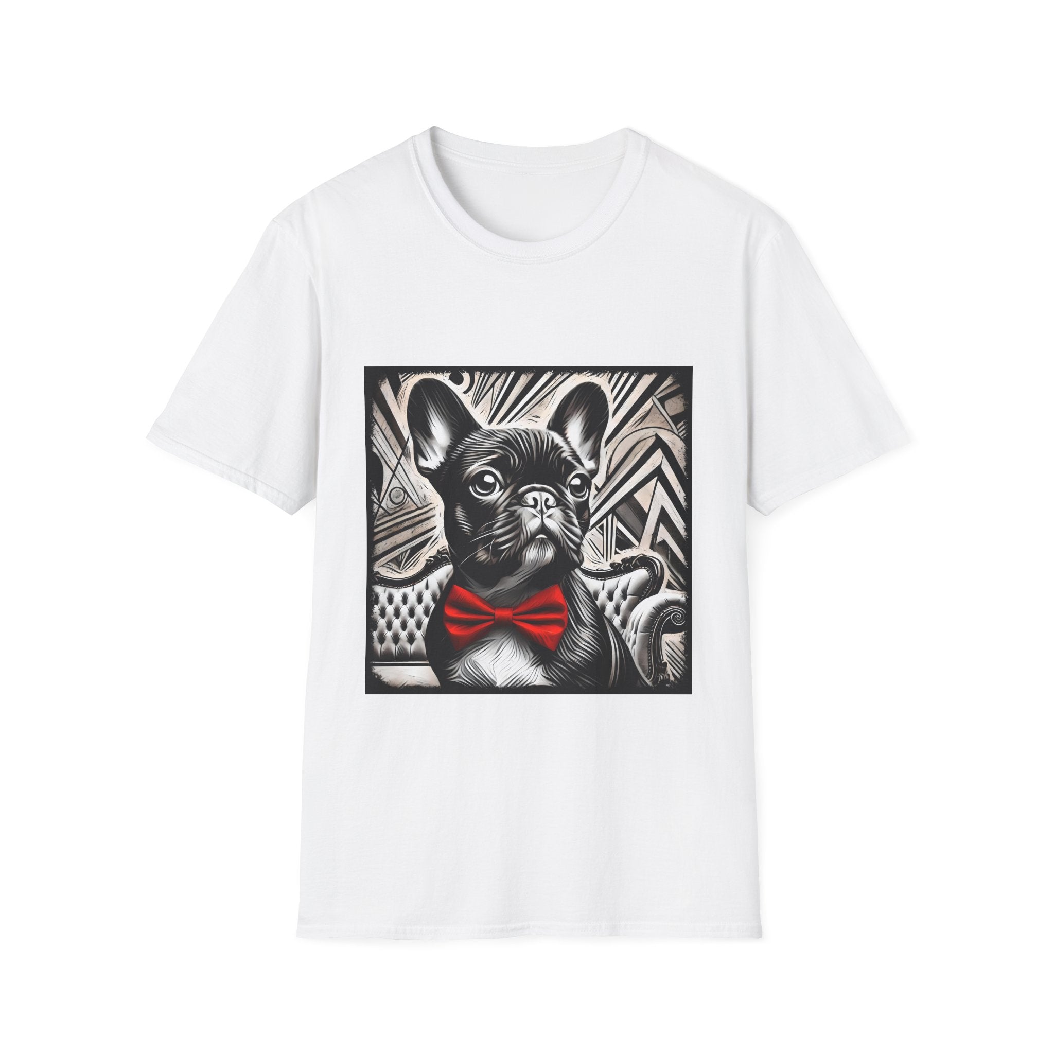 White dog t-shirt featuring a black and white French Bulldog with a bold red bow tie and art deco backdrop.