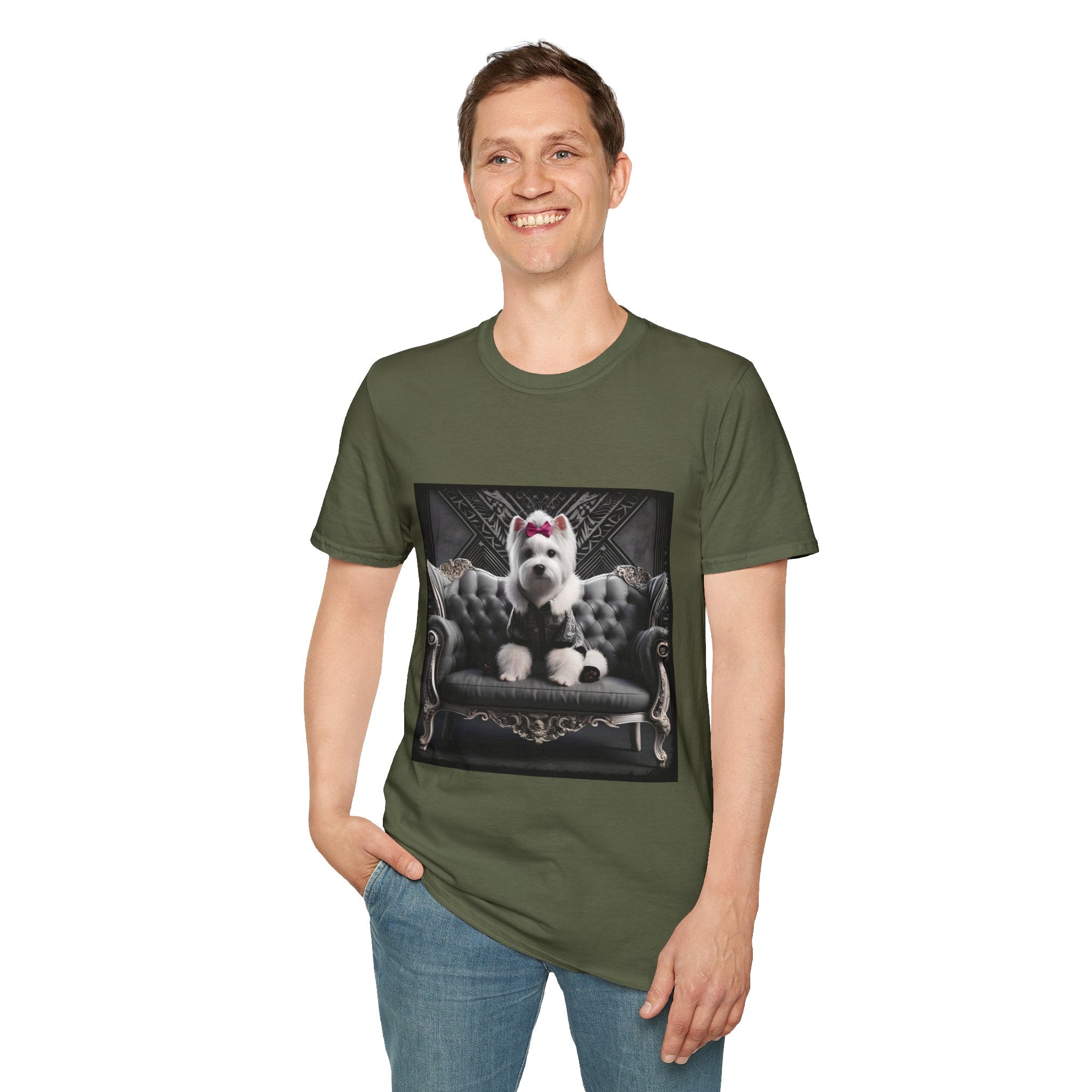 Male model in military green dog t-shirt featuring Westie in black outfit with pink bow seated on ornate gothic black couch.