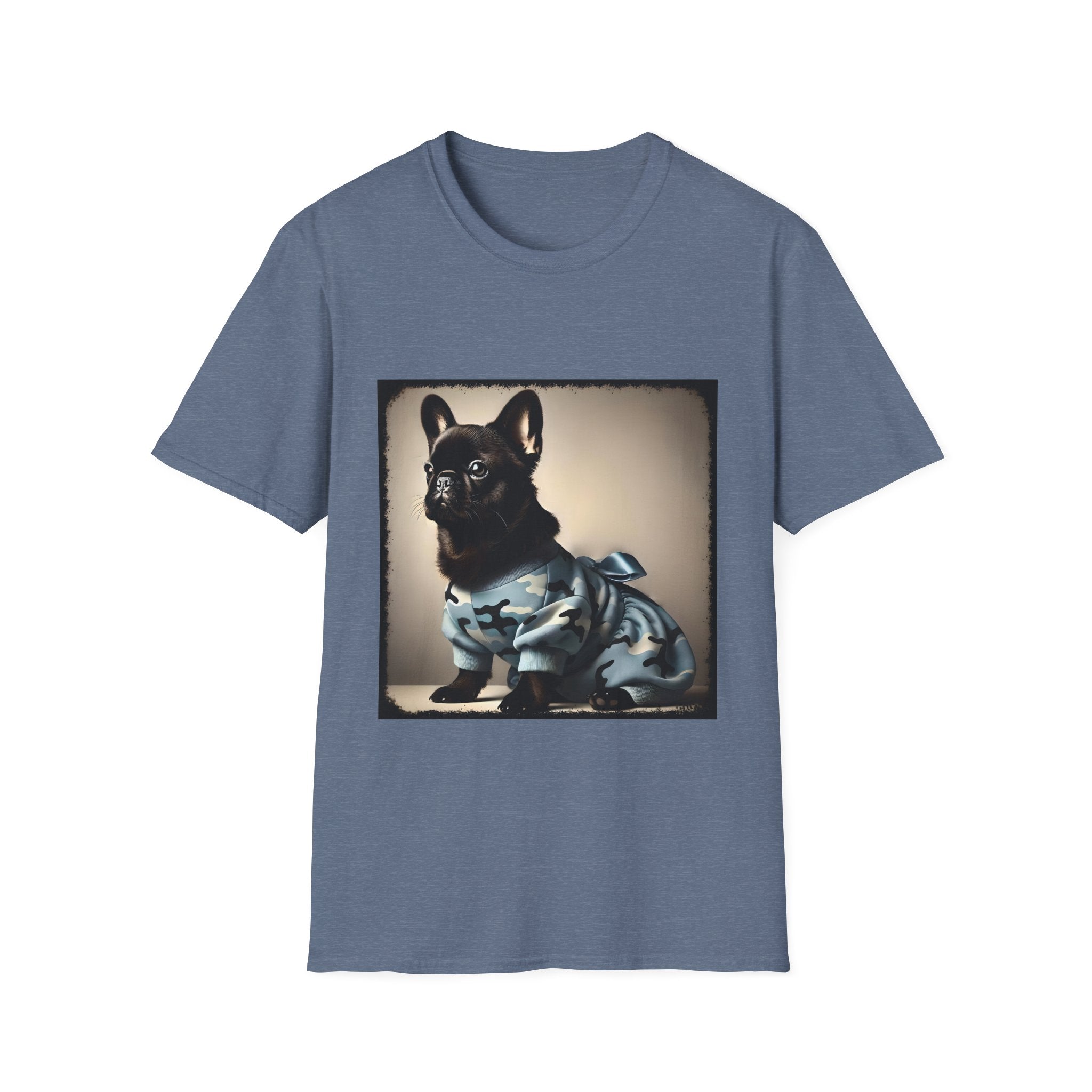 Heather Indigo dog t-shirt featuring black French Bulldog in blue camo outfit with bow, set in soft vintage portrait.