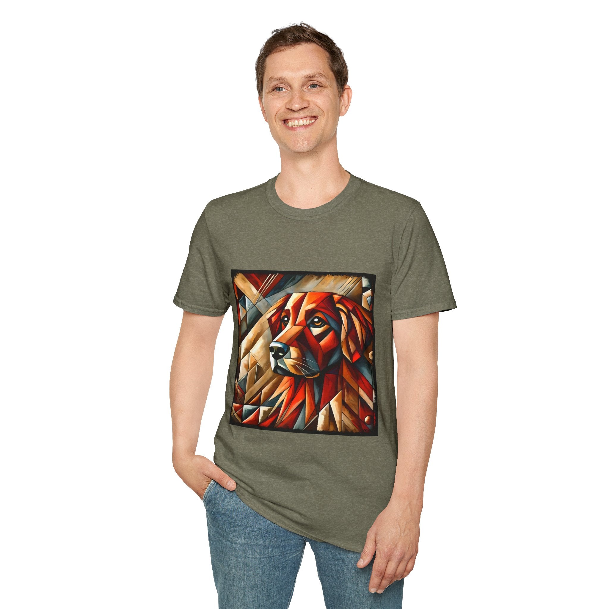 Male model in heather military green dog t-shirt featuring red geometric golden retriever portrait in cubist style with bold angles.
