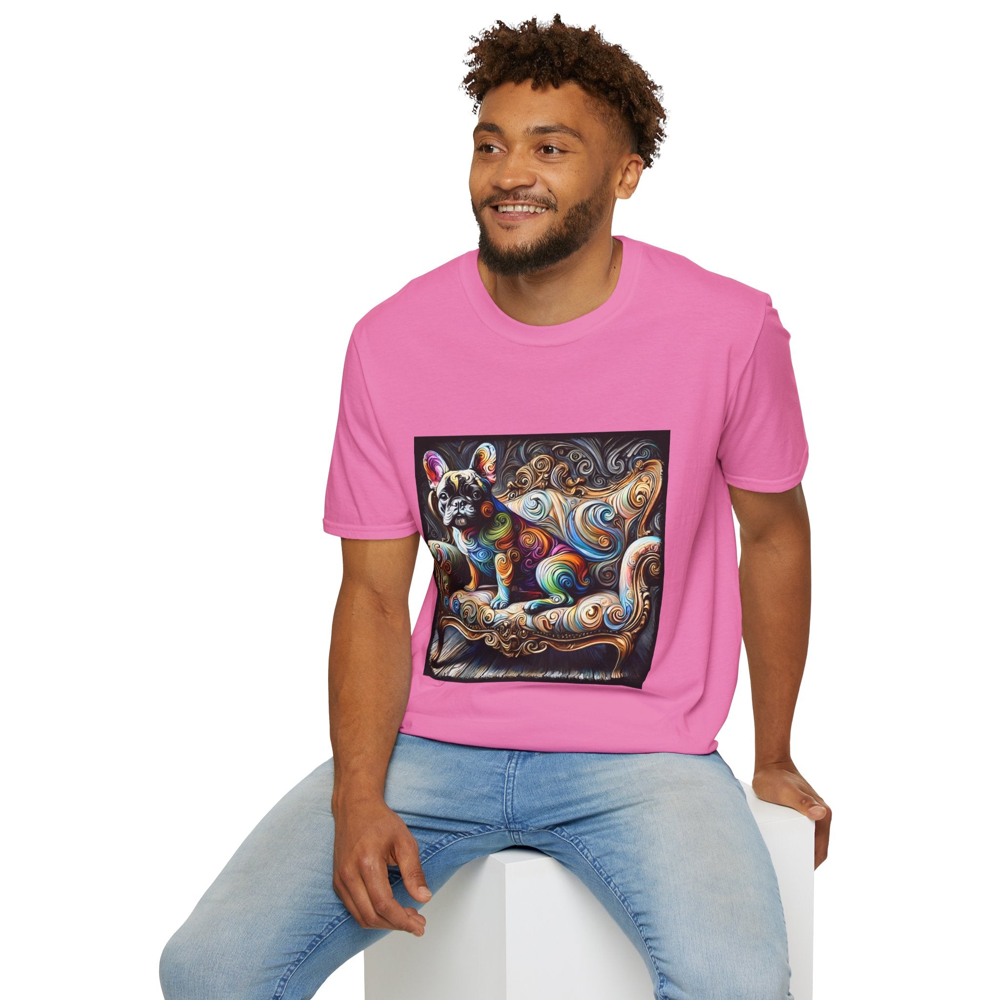 Male model in pink t-shirt featuring rainbow French Bulldog on golden settee with swirl pattern, expressionism style.