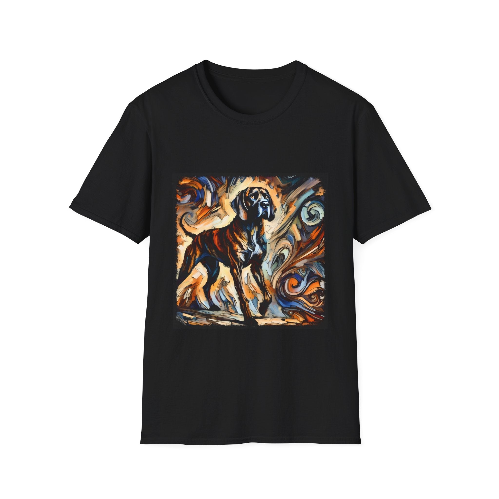 Black dog t-shirt featuring a Coonhound with bold brush strokes in orange, blue, black, and cream.