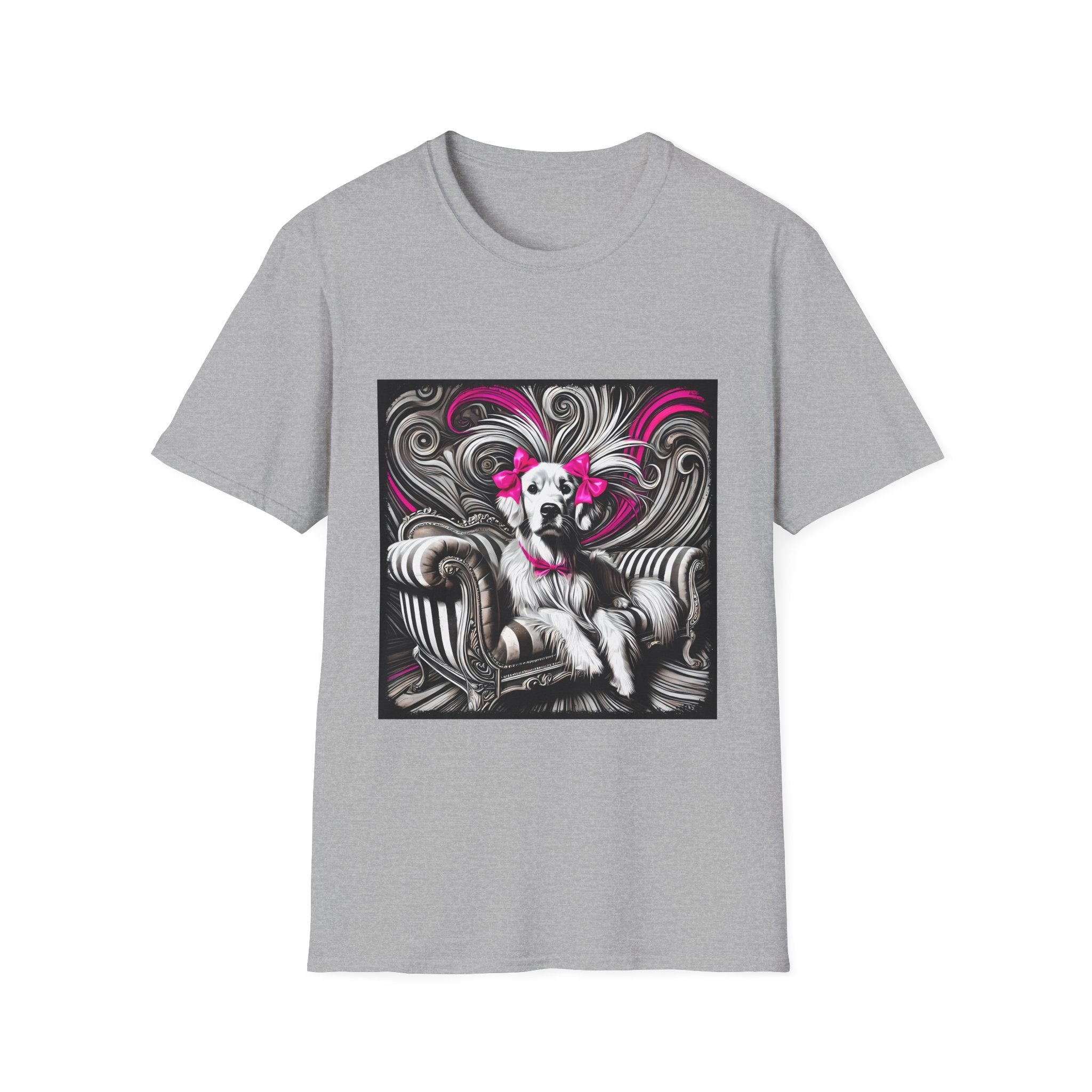 Sport Gray dog t-shirt featuring black-and-white art of retriever with pink bows and swirling accents.