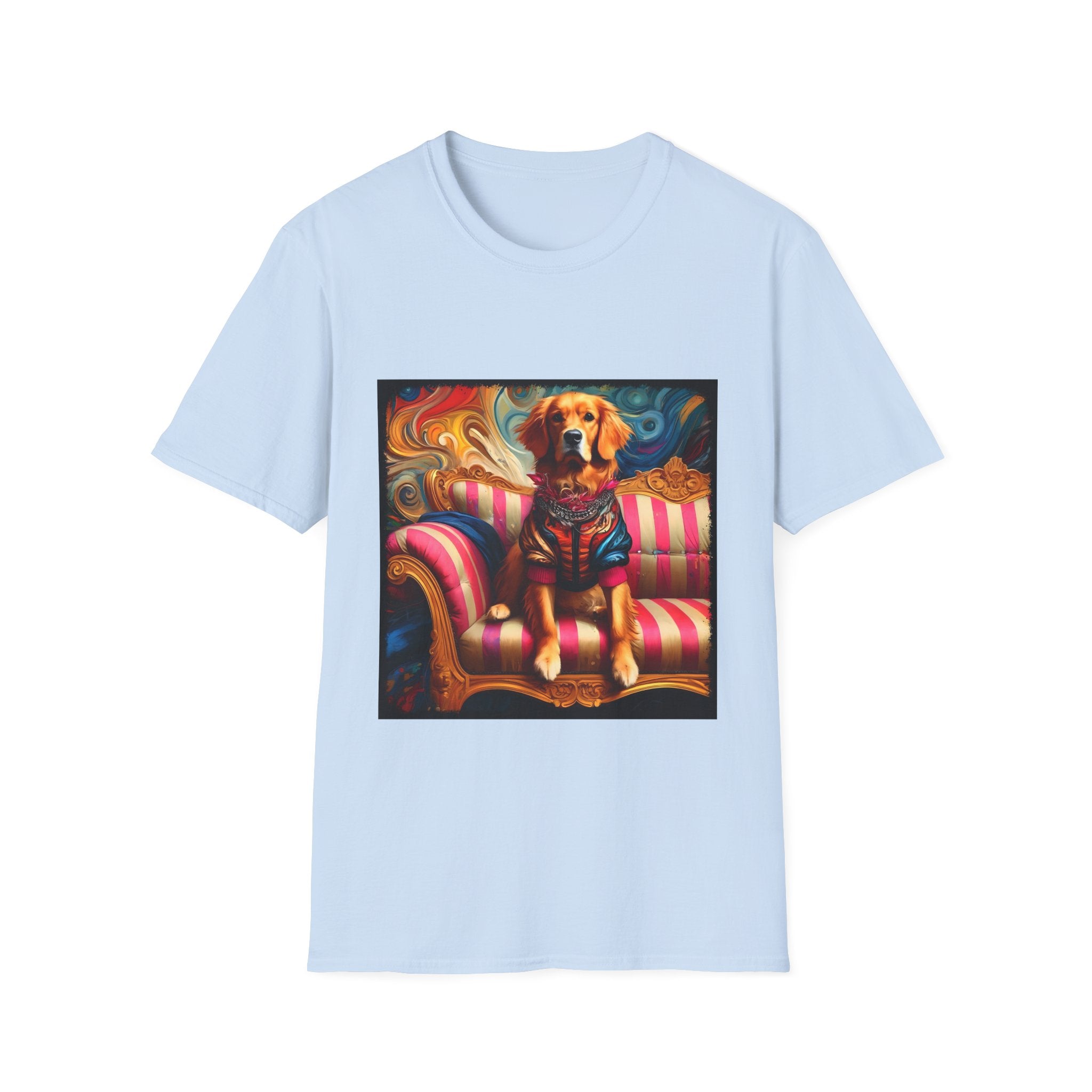 Light blue dog t-shirt with golden retriever in regal jacket on pink striped settee, swirled backdrop.
