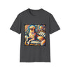 Dark heather dog t-shirt featuring golden retriever with pink heart collar on colorful tufted settee.