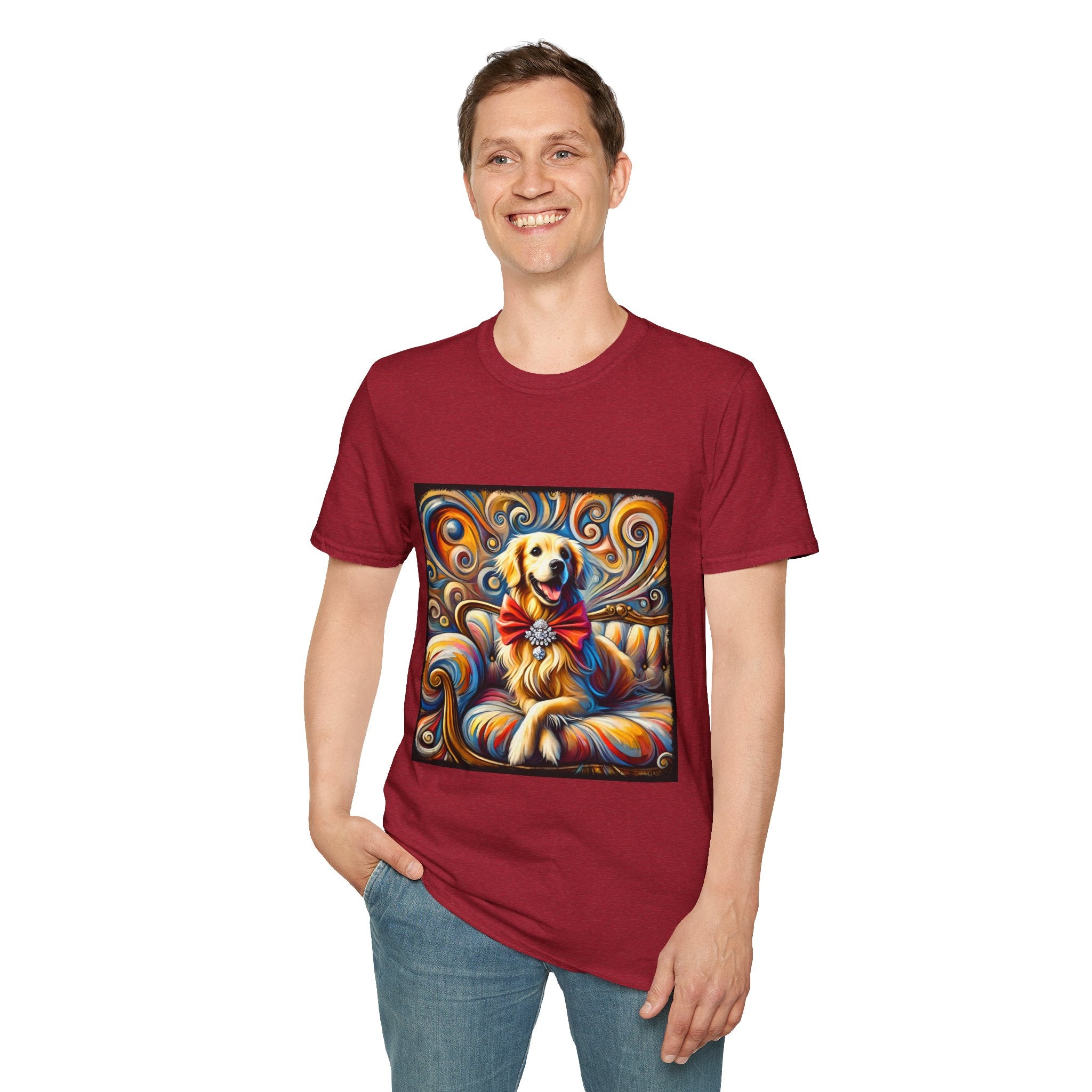 Male model in antique cherry red dog t-shirt featuring golden retriever with red bow on colorful swirl settee background.
