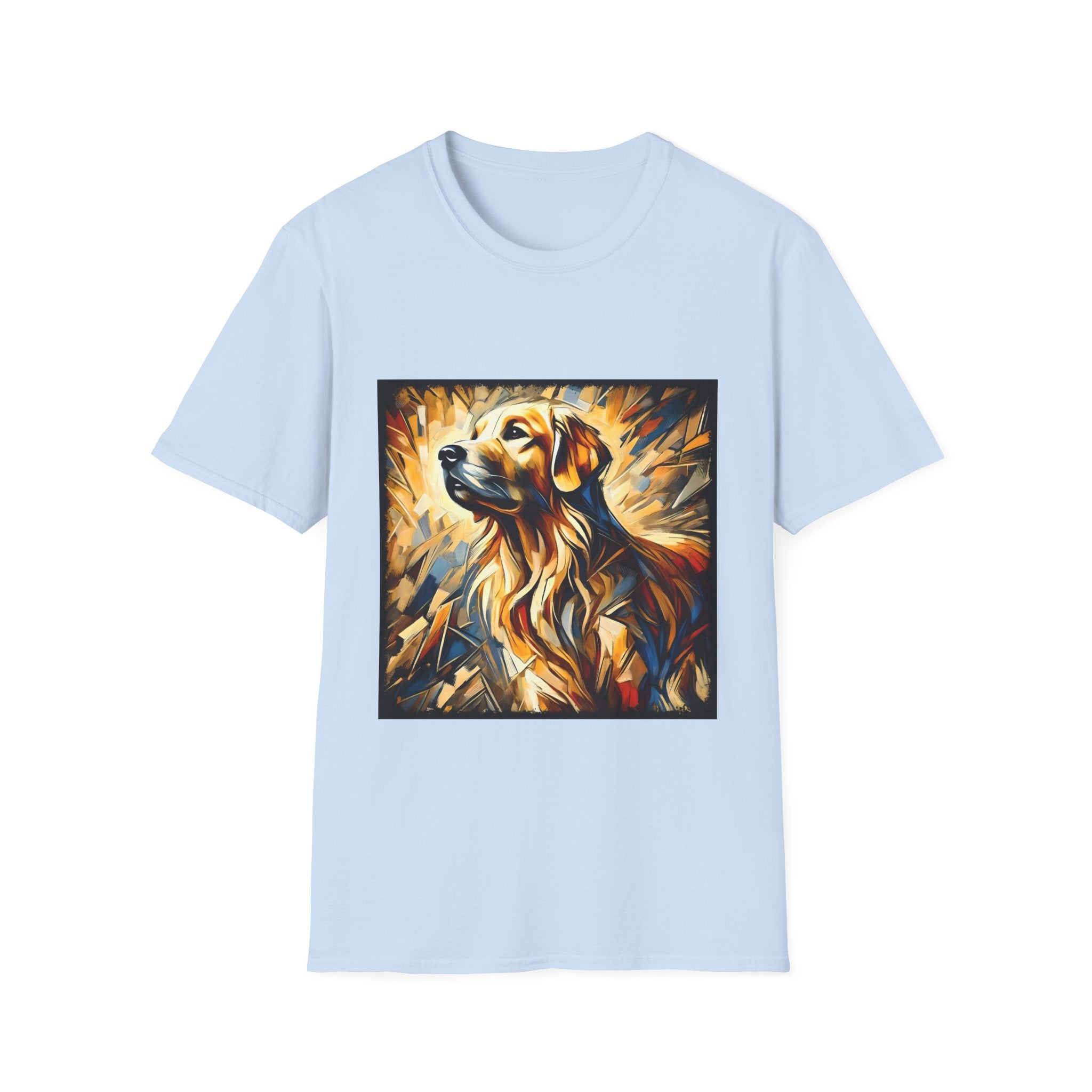 Light blue dog t-shirt featuring golden retriever portrait with fiery gold, blue, and amber abstract swirls.