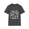 Dark heather gray dog t-shirt with French Bulldog in striped suit, purple bowtie, and ornate black swirl backdrop.