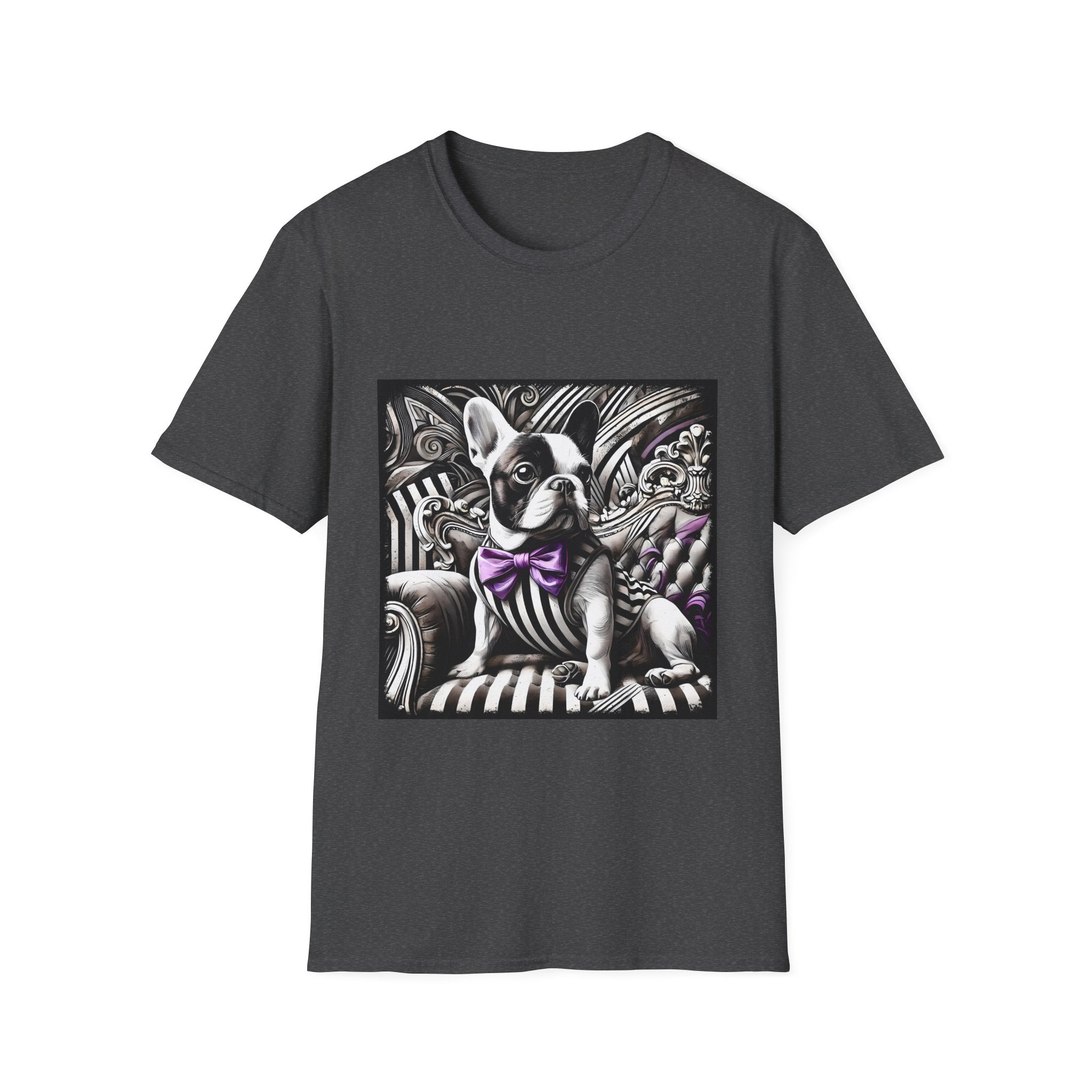 Dark heather gray dog t-shirt with French Bulldog in striped suit, purple bowtie, and ornate black swirl backdrop.