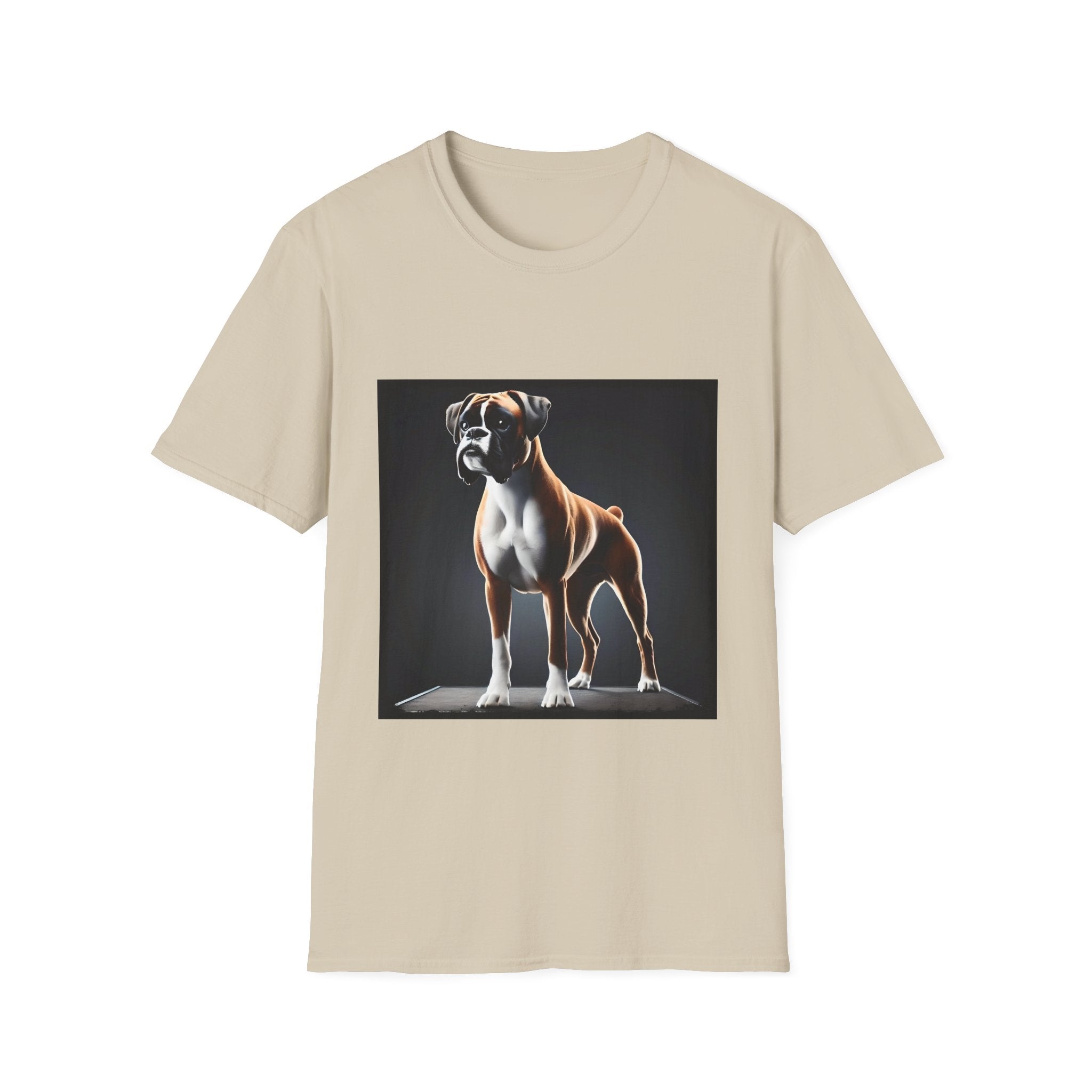 Sand dog t-shirt featuring standing boxer on platform with black background and dramatic lighting.