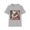 Light gray dog t-shirt featuring cream French Bulldog in pink bow and fur coat, styled in soft vintage portrait.