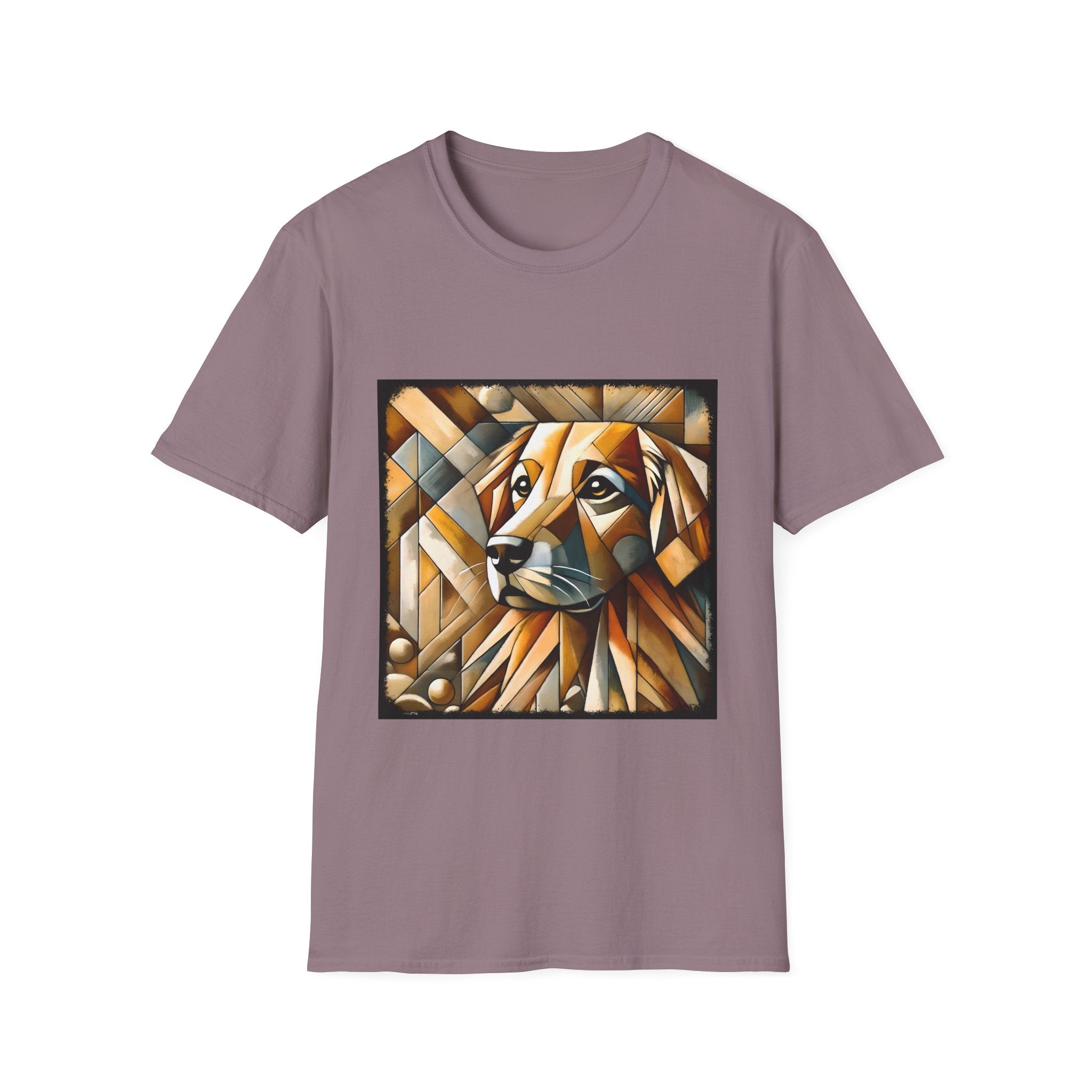 Mauve dog t-shirt featuring golden retriever in geometric cubist style with warm amber and tan tones.
