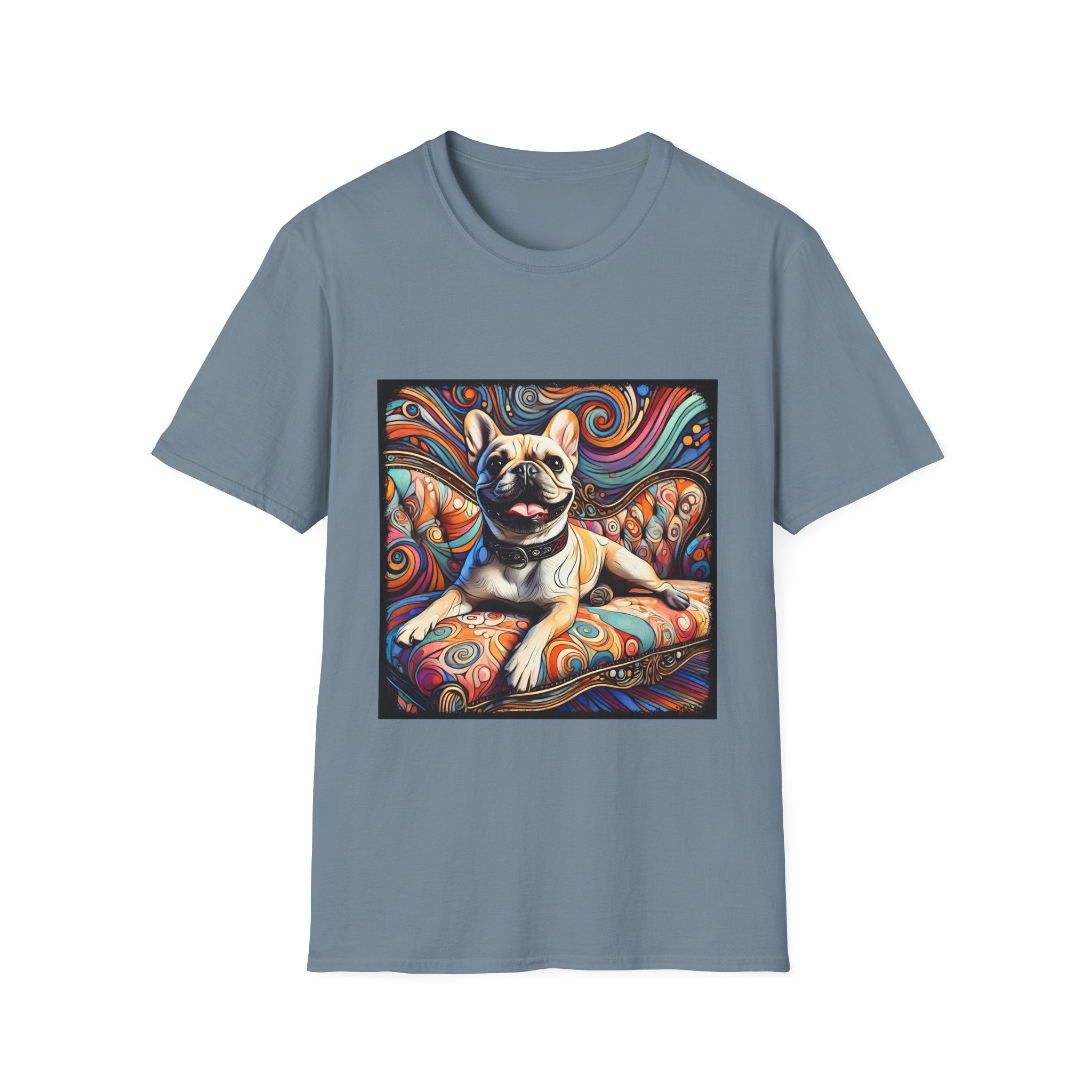 Slate blue dog t-shirt featuring fawn French Bulldog with collar lounging on colorful swirl settee with vivid abstract background.