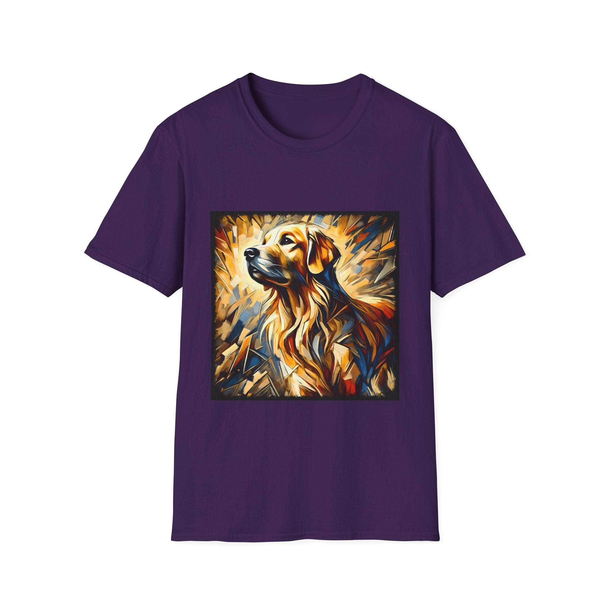 Purple dog t-shirt featuring golden retriever portrait with fiery gold, blue, and amber abstract swirls.