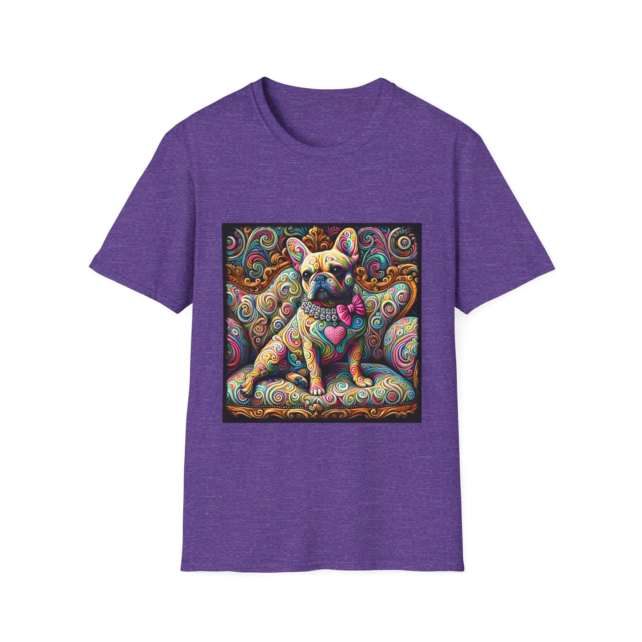 Heather purple dog t-shirt featuring a tan French Bulldog with pink bow and heart on a vivid rainbow swirl couch.