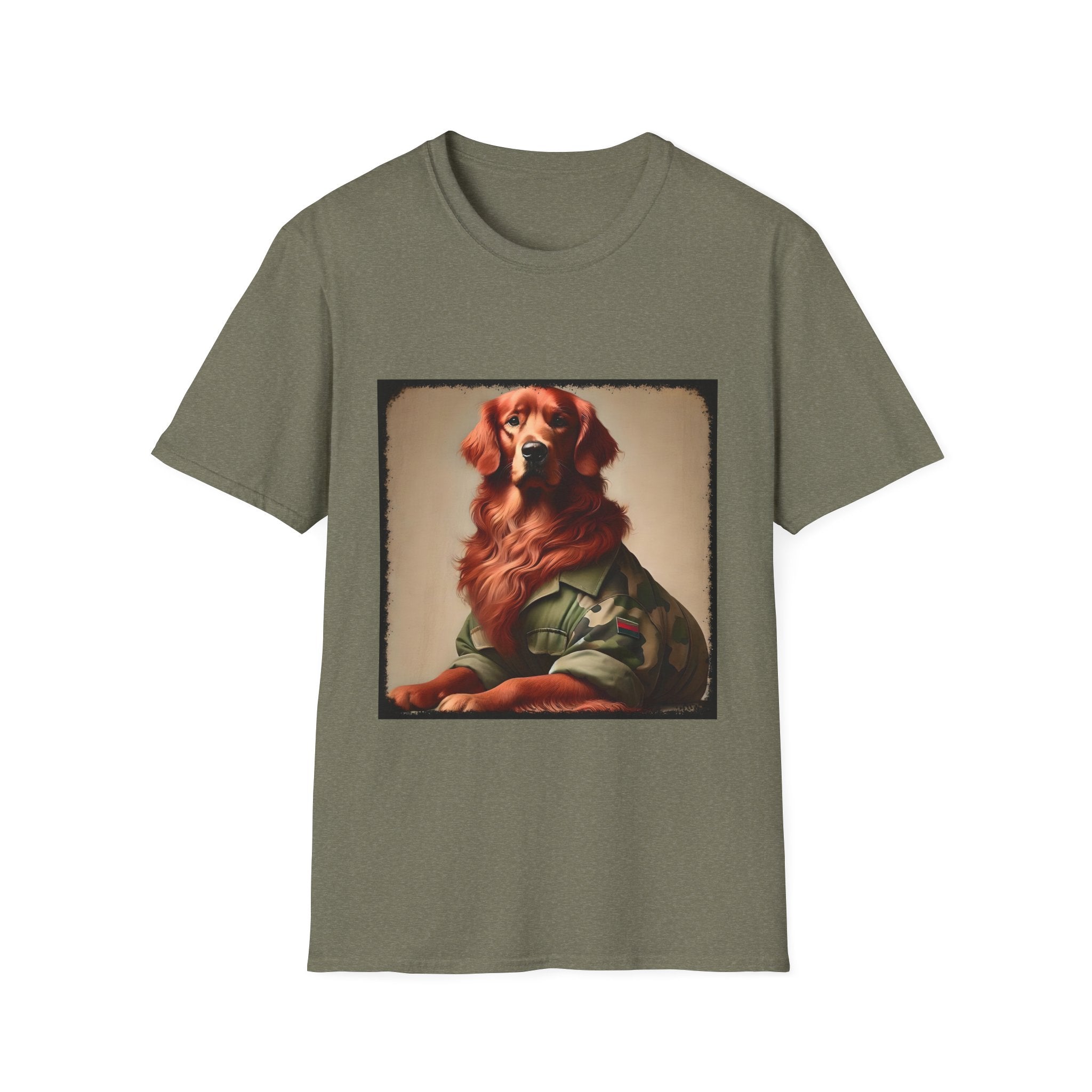 Heather military green dog t-shirt featuring golden retriever in camouflage jacket with flag patch, tan background.