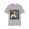 Sport gray dog t-shirt featuring a regal white golden retriever lounging on a gold settee with ornate curtains.