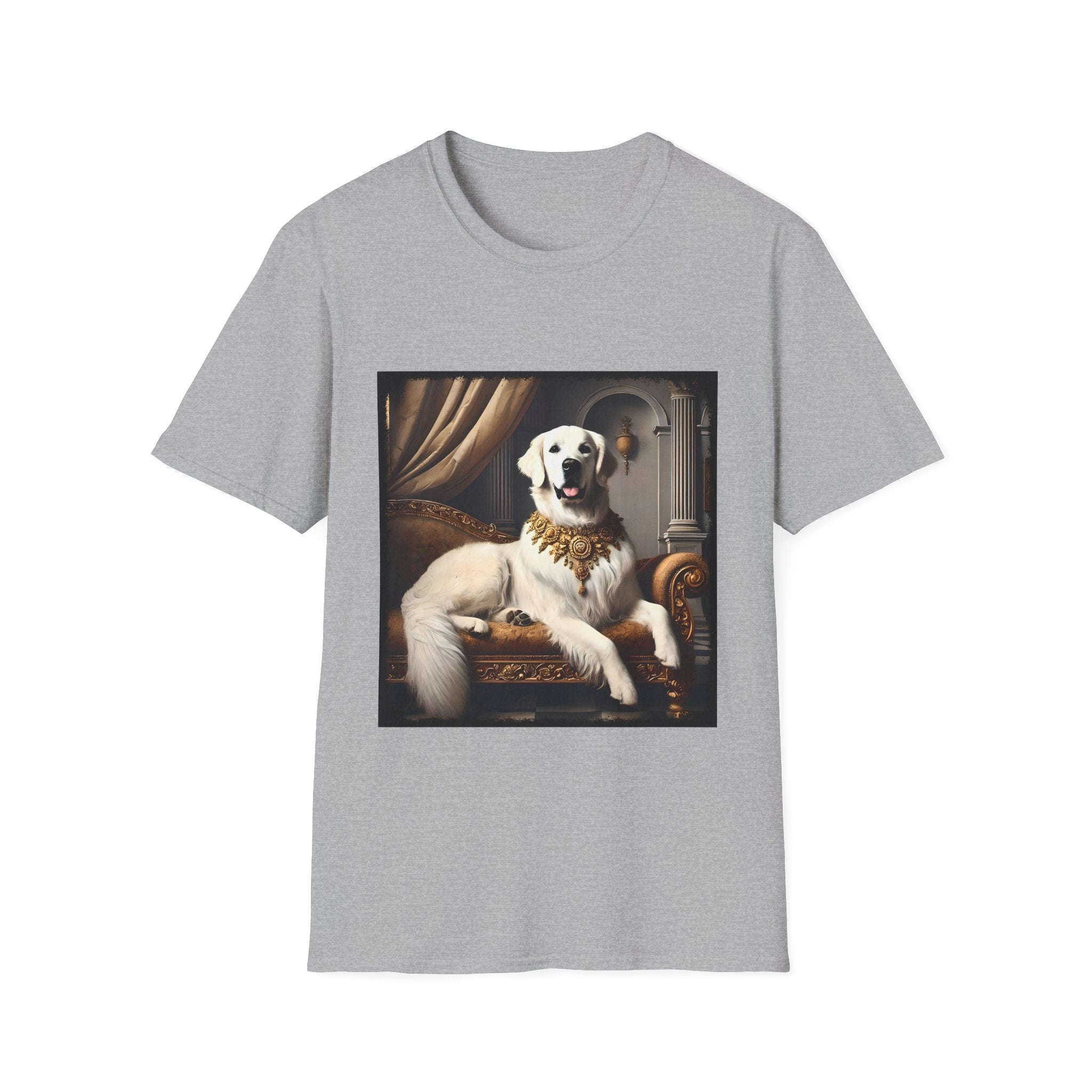 Sport gray dog t-shirt featuring a regal white golden retriever lounging on a gold settee with ornate curtains.