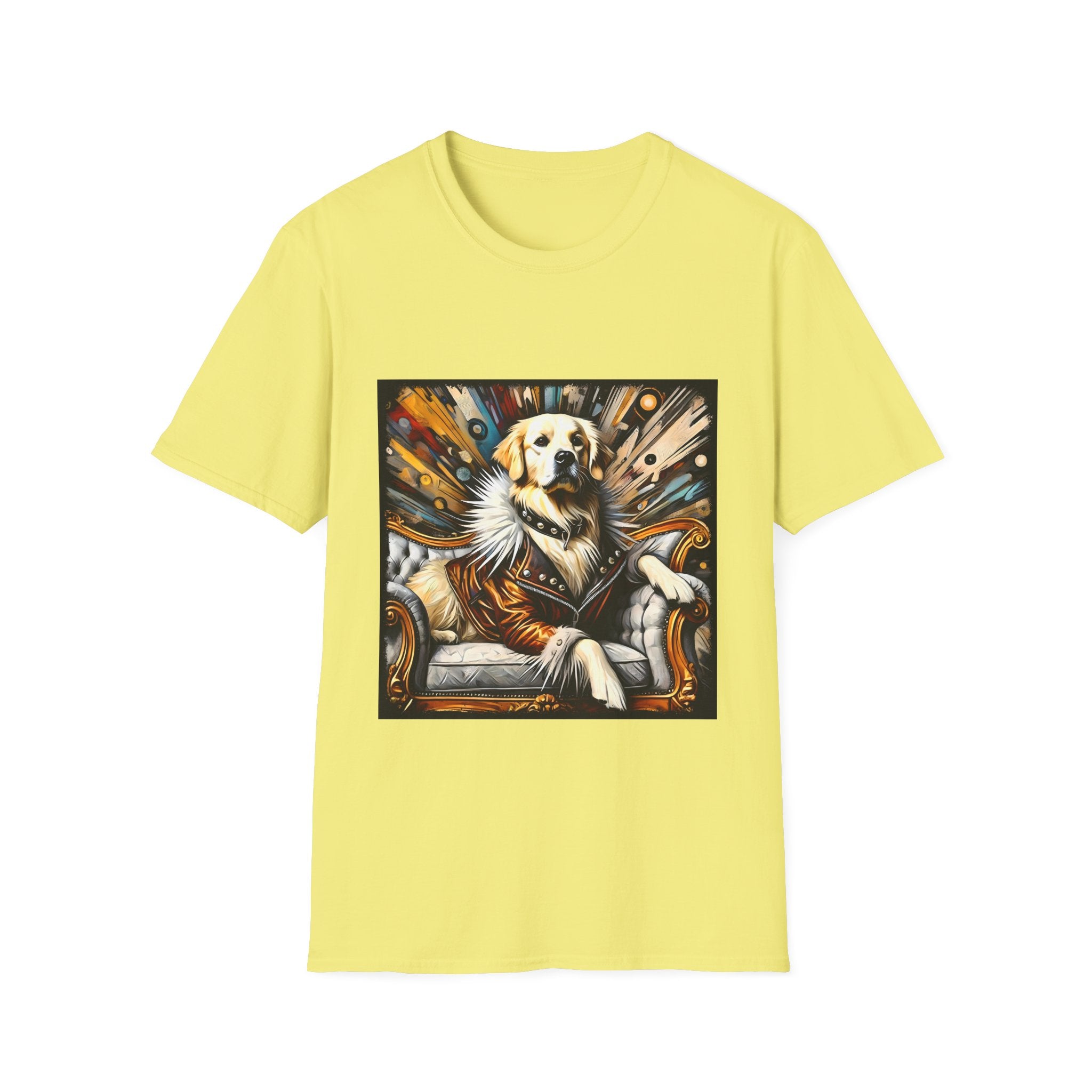 Yellow dog t-shirt featuring golden retriever in fur coat on gold throne with colorful backdrop.
