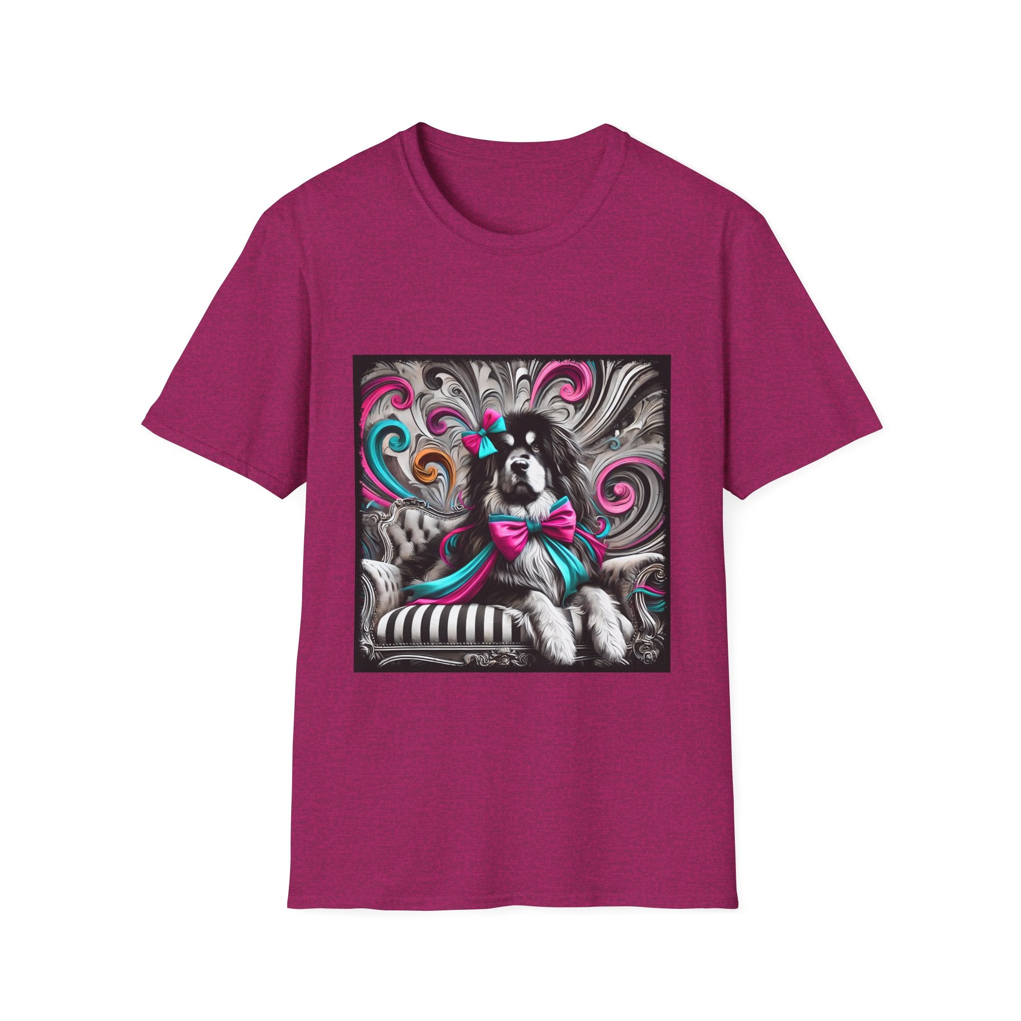 Tibetan Mastiff B&W Pink and Teal Bow | Unisex Dog T-Shirt