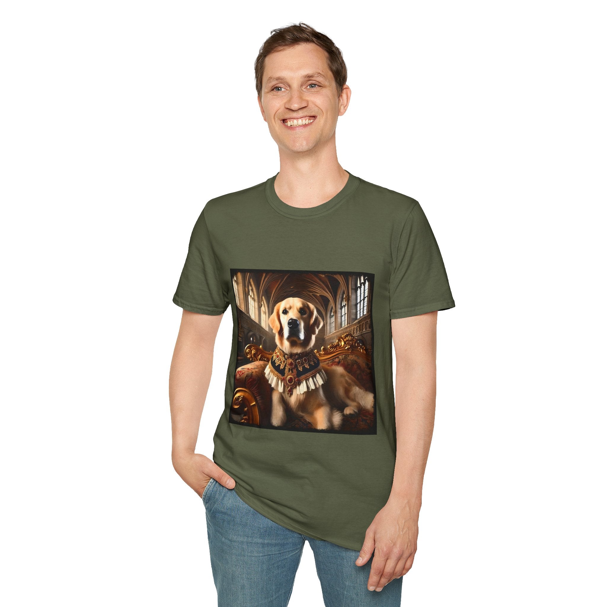 Male model in military green dog t-shirt featuring golden retriever in royal collar on ornate settee in gothic hall.