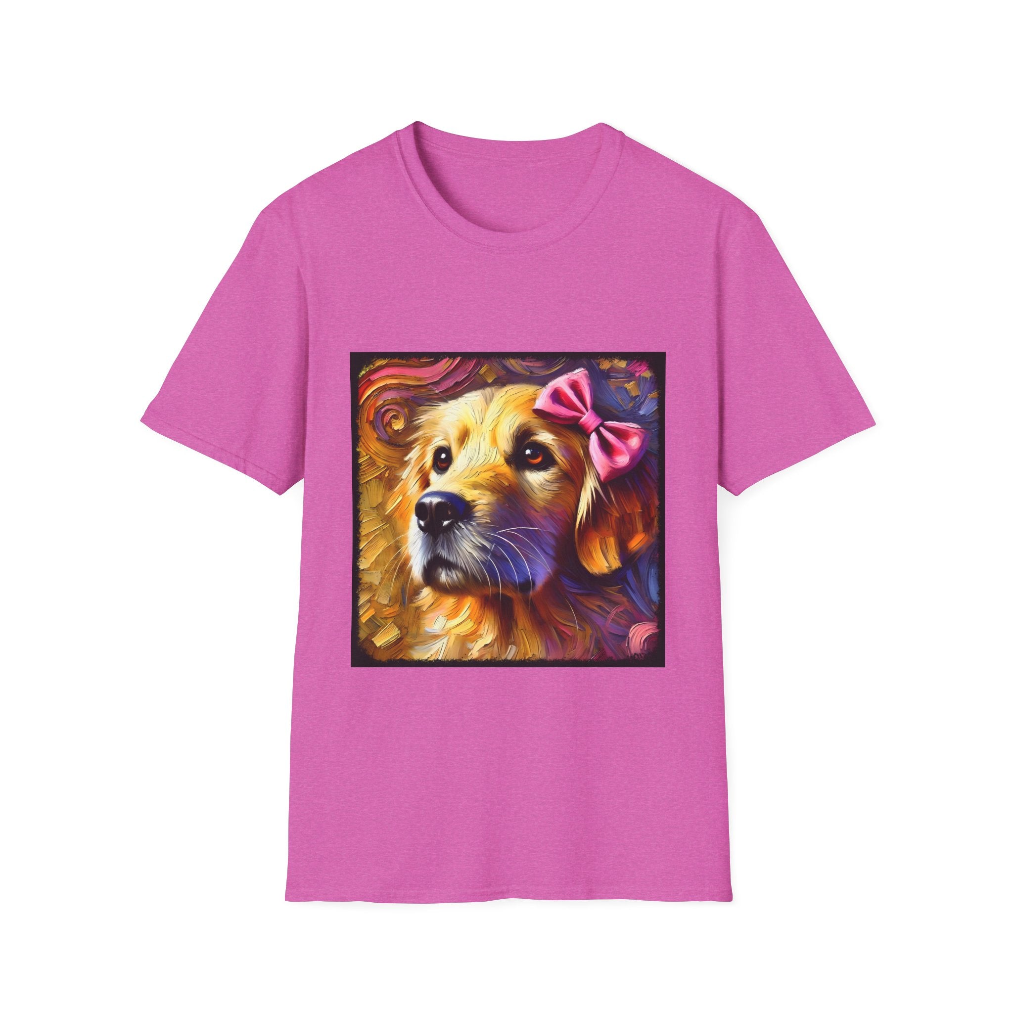 Bright pink dog t-shirt featuring golden retriever with pink bow on head, set against vivid painterly swirls.