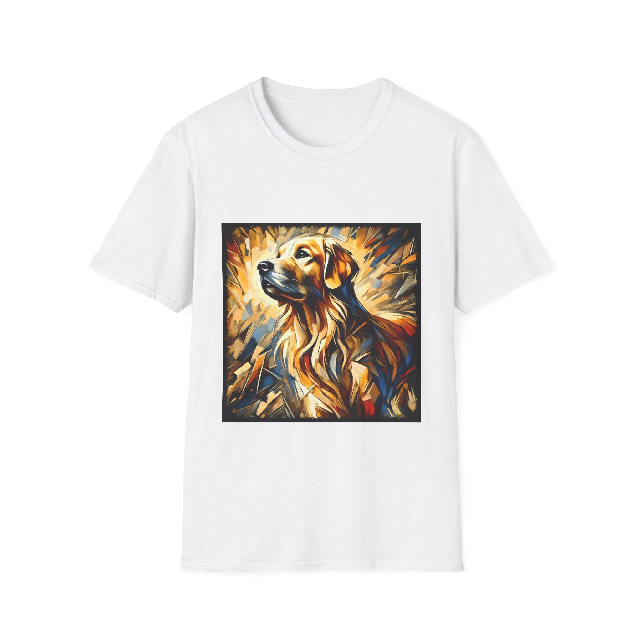 White dog t-shirt featuring golden retriever portrait with fiery gold, blue, and amber abstract swirls.