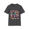 Dog t-shirt in dark grey featuring black French Bulldog in pink and teal outfit on ornate striped settee with swirl background.