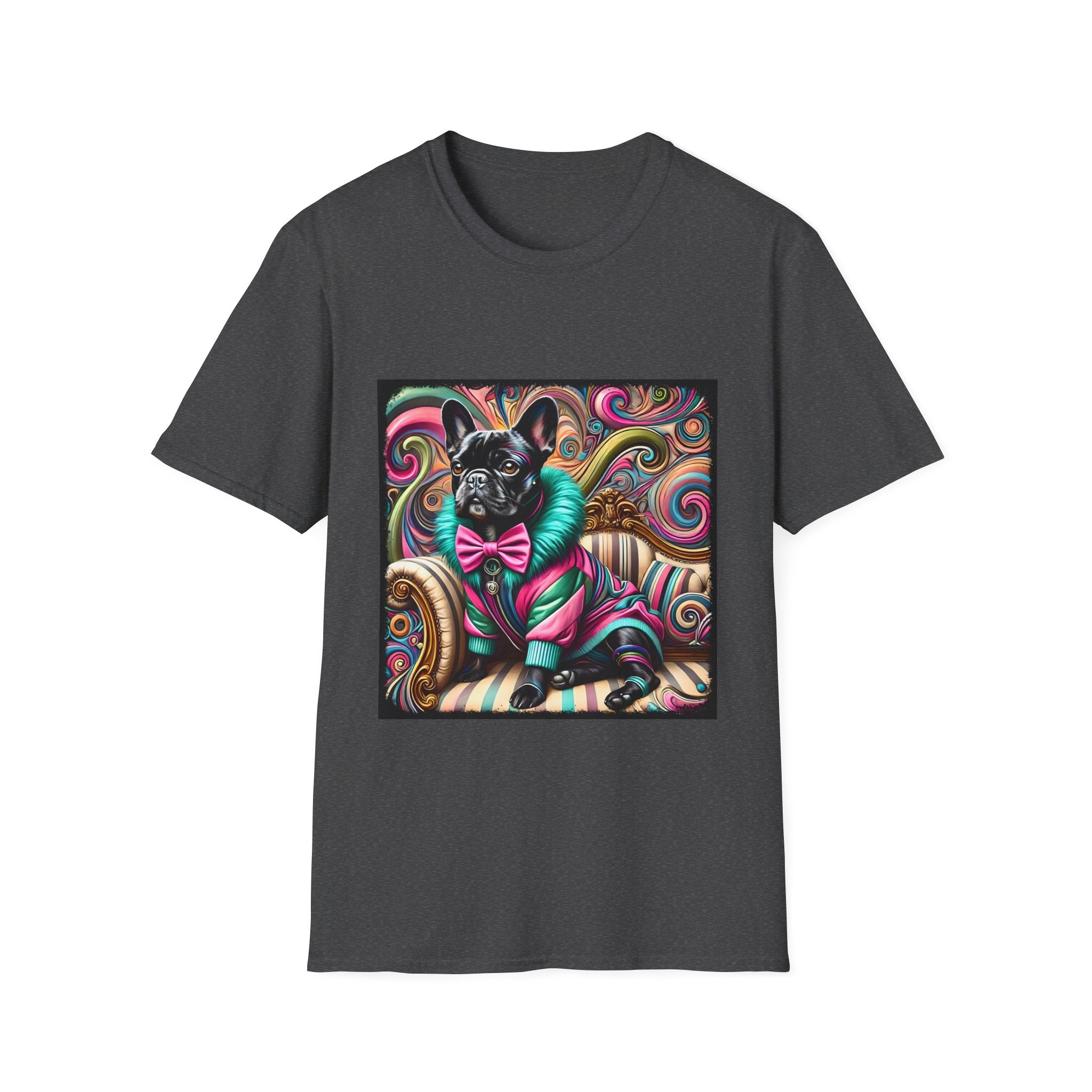 Dog t-shirt in dark grey featuring black French Bulldog in pink and teal outfit on ornate striped settee with swirl background.