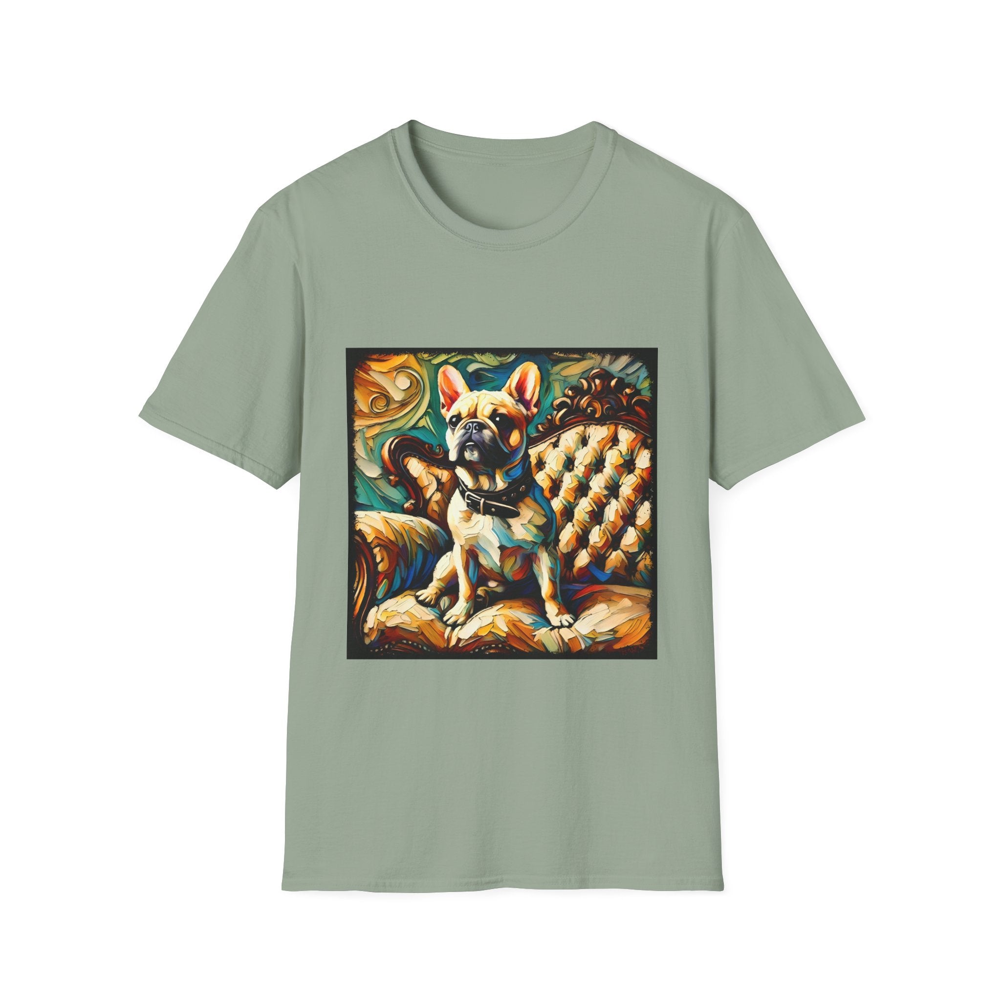 Sage green dog t-shirt featuring fawn French Bulldog with collar on golden tufted settee and bold swirl backdrop.
