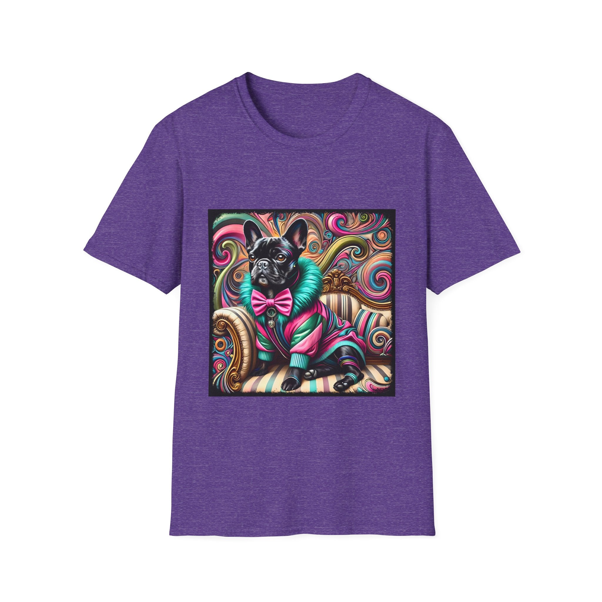 Dog t-shirt in heather purple featuring black French Bulldog in pink and teal outfit on ornate striped settee with swirl background.