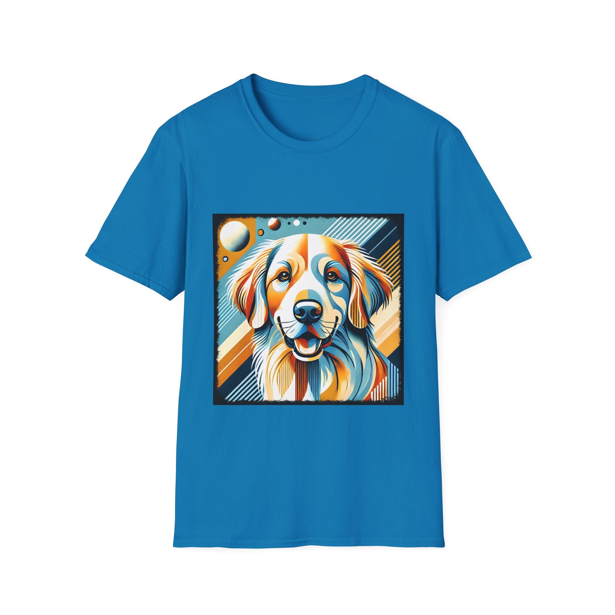 Sapphire blue dog t-shirt featuring smiling golden retriever in abstract pop style with blue, orange, and cream tones.
