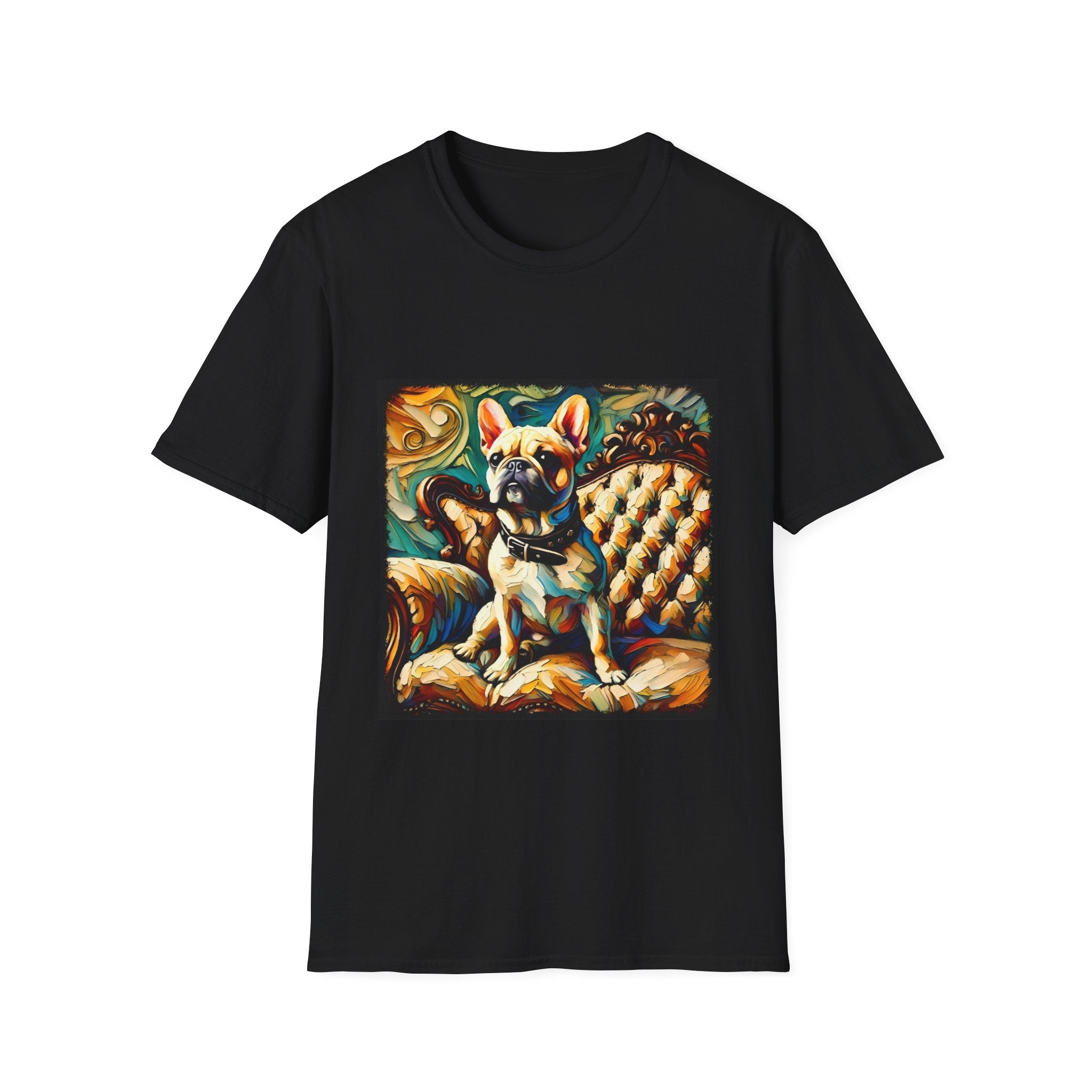 Black dog t-shirt featuring fawn French Bulldog with collar on golden tufted settee and bold swirl backdrop.