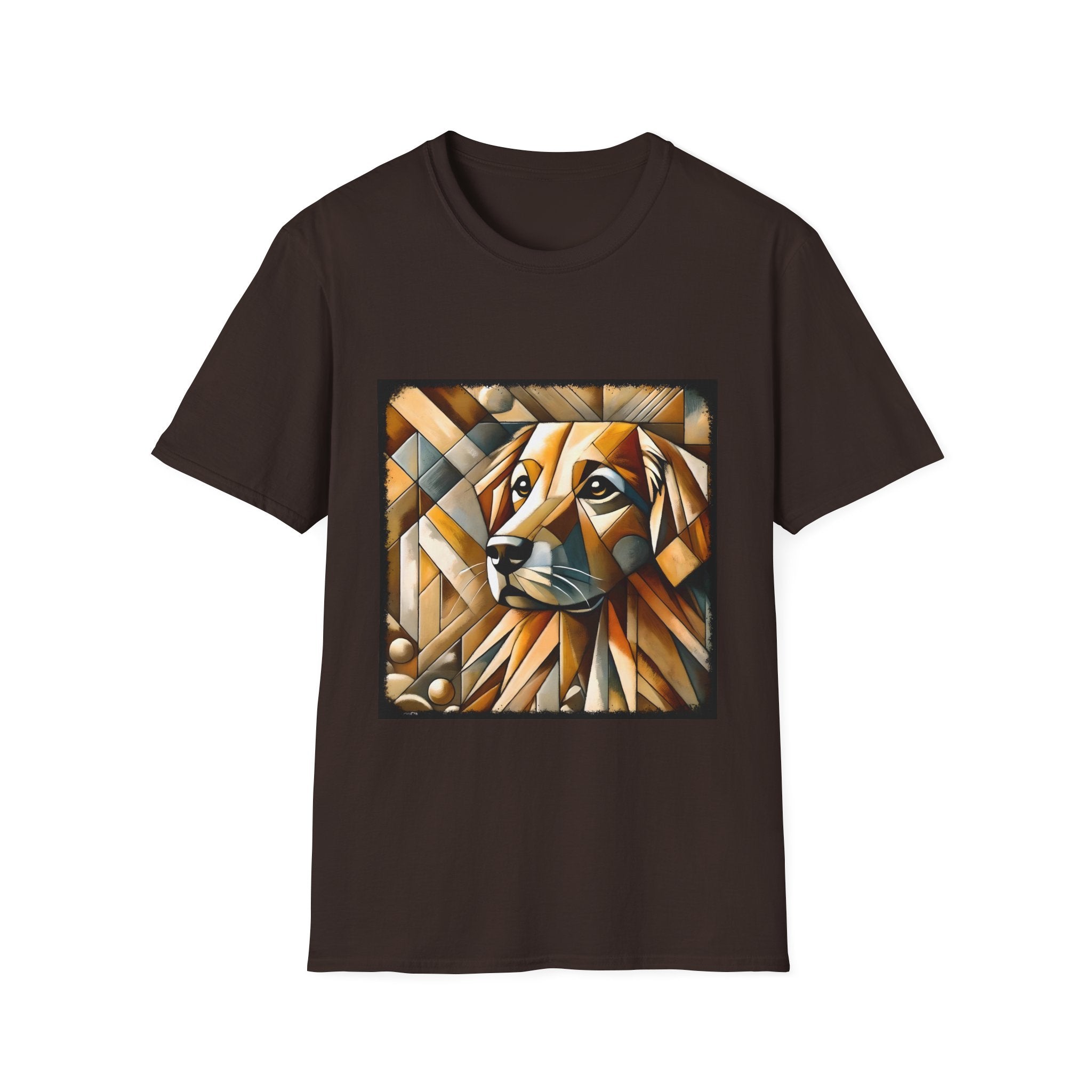 Dark chocolate dog t-shirt featuring golden retriever in geometric cubist style with warm amber and tan tones.