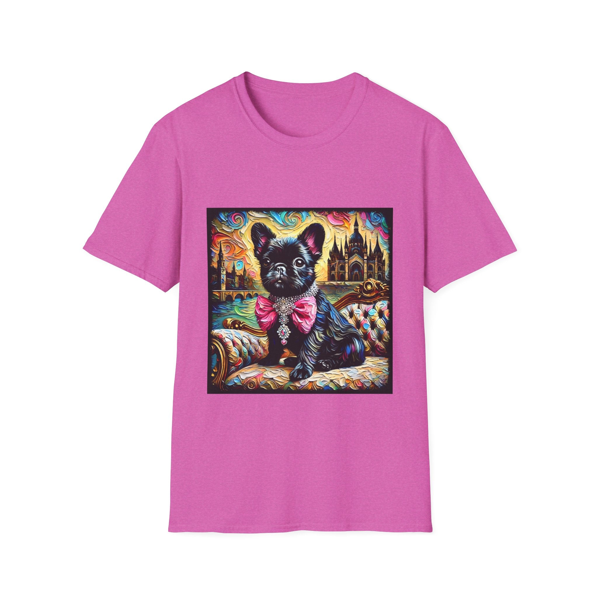 Pink dog t-shirt featuring black French Bulldog with jeweled pink bow, sitting on patterned settee, vivid castle swirl background.