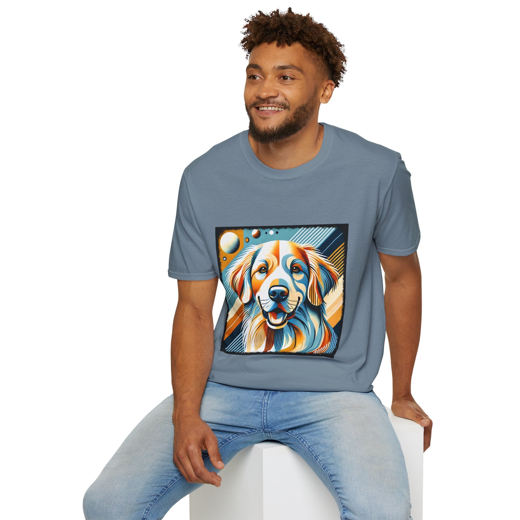Male model in heather indigo dog t-shirt featuring smiling golden retriever in abstract pop style with blue, orange, and cream tones.