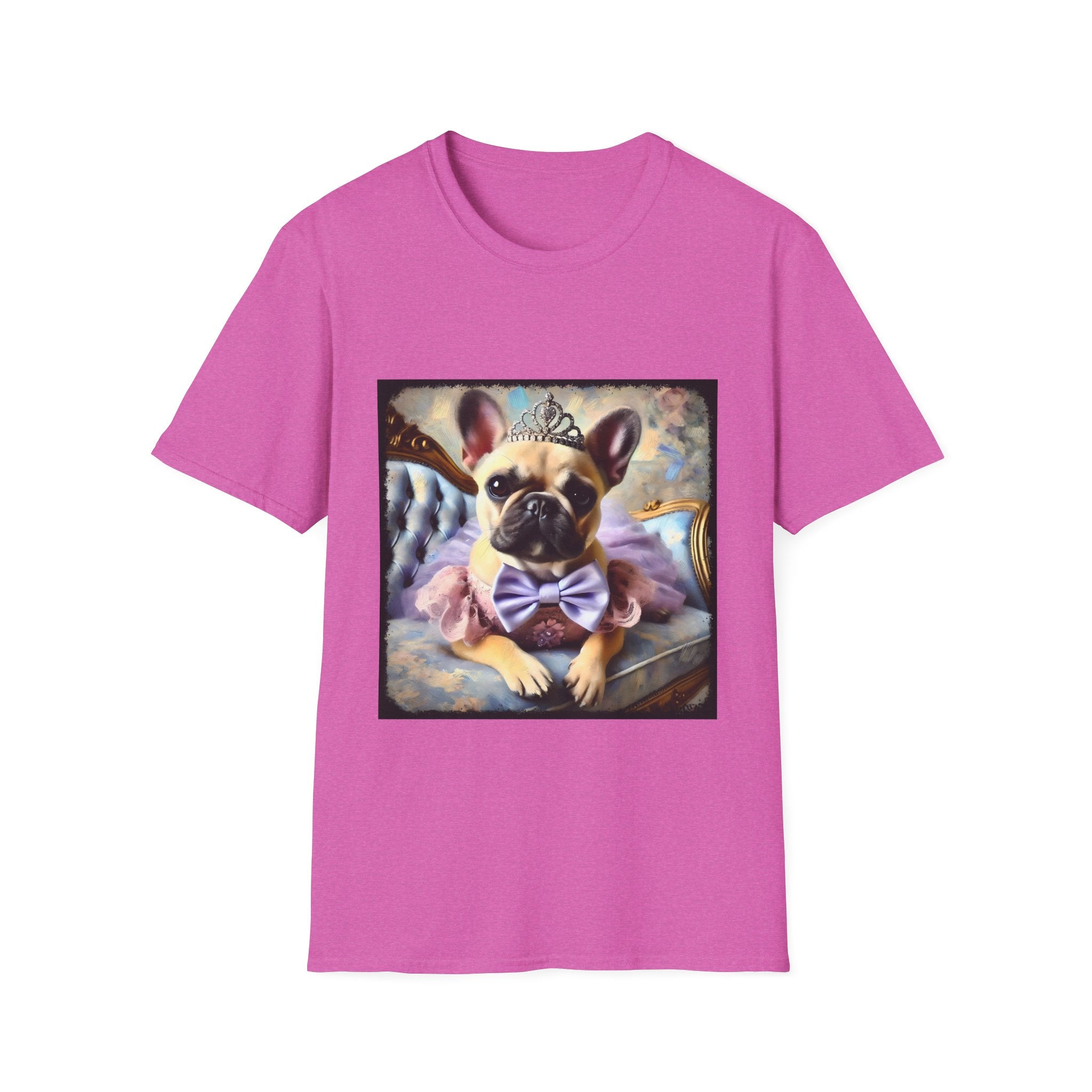 Bright Pink dog t-shirt featuring French Bulldog wearing tiara, purple tutu, and bow, seated on royal chair with pastel background.