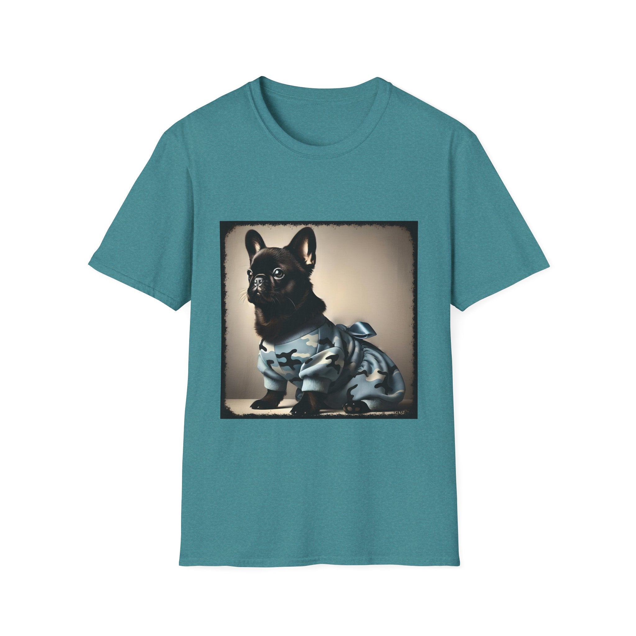 Teal dog t-shirt featuring black French Bulldog in blue camo outfit with bow, set in soft vintage portrait.