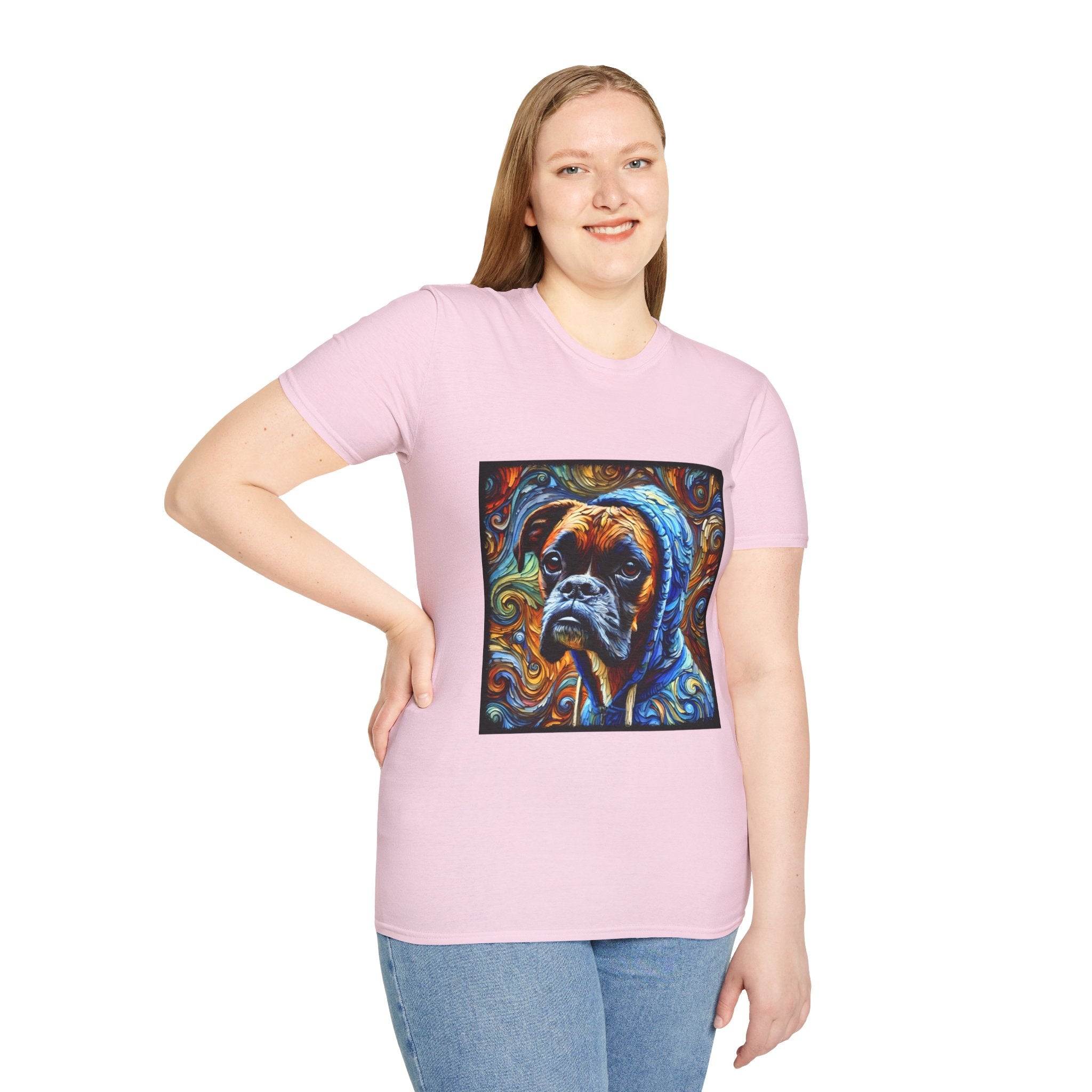 Female model in light pink dog t-shirt featuring a boxer in a blue hoodie with swirled orange, gold, and teal background design.