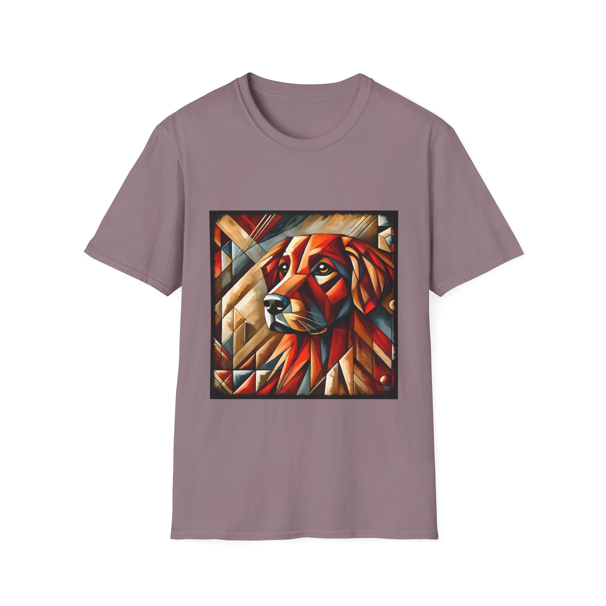 Mauve dog t-shirt featuring red geometric golden retriever portrait in cubist style with bold angles.