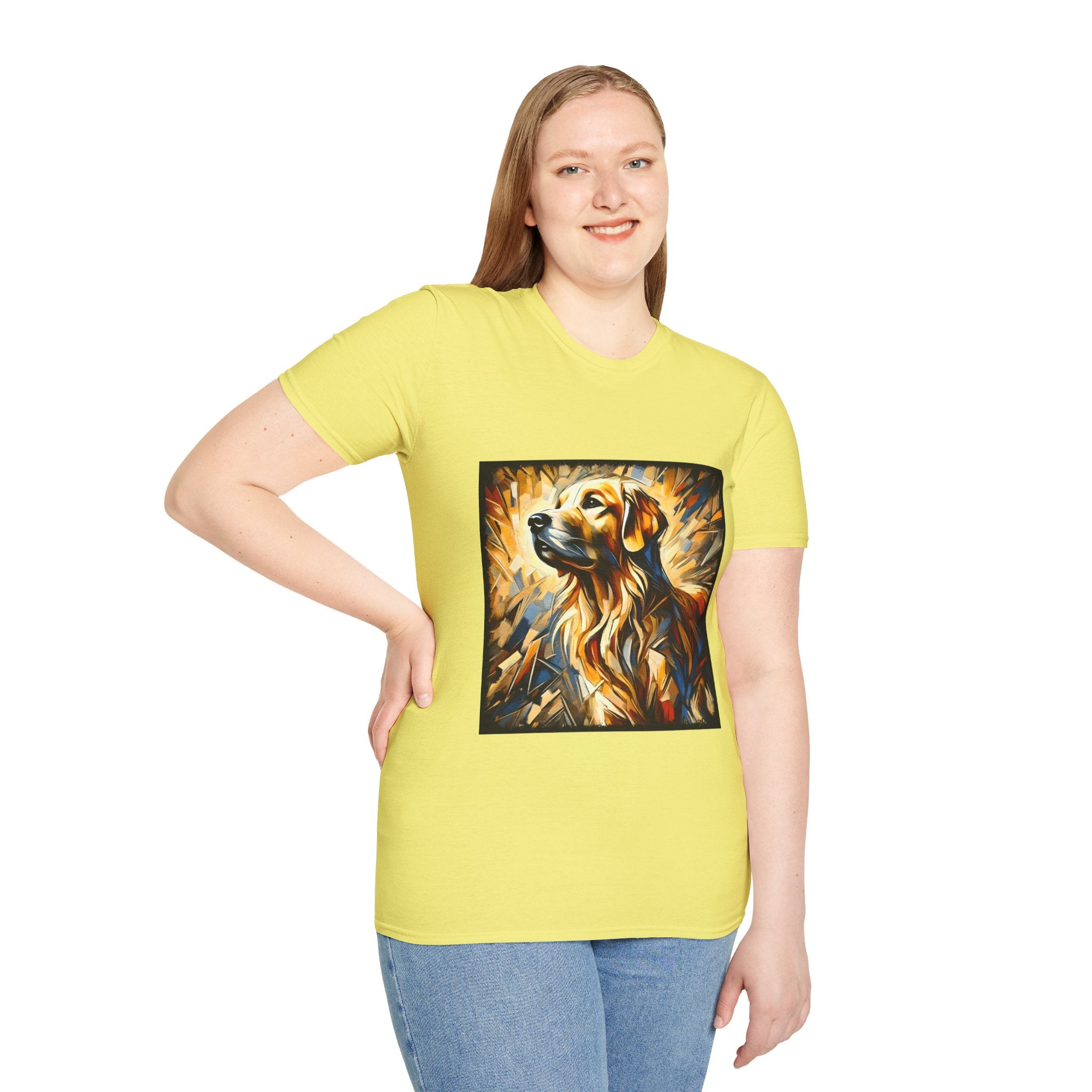Female model in cornsilk yellow dog t-shirt featuring golden retriever portrait with fiery gold, blue, and amber abstract swirls.
