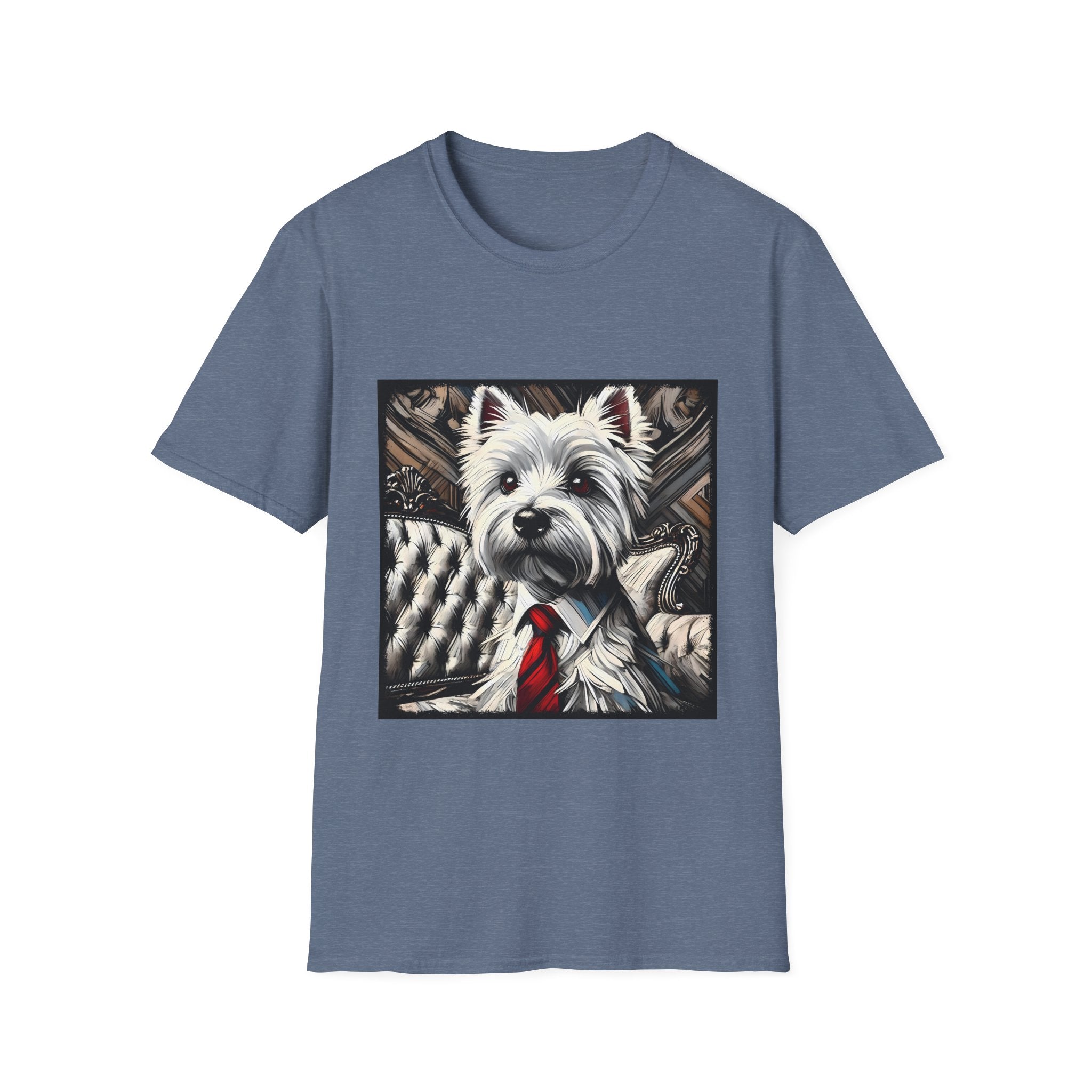 Heather indigo dog t-shirt featuring a Westie in a red tie seated on a tufted chair in a wood-accent room.
