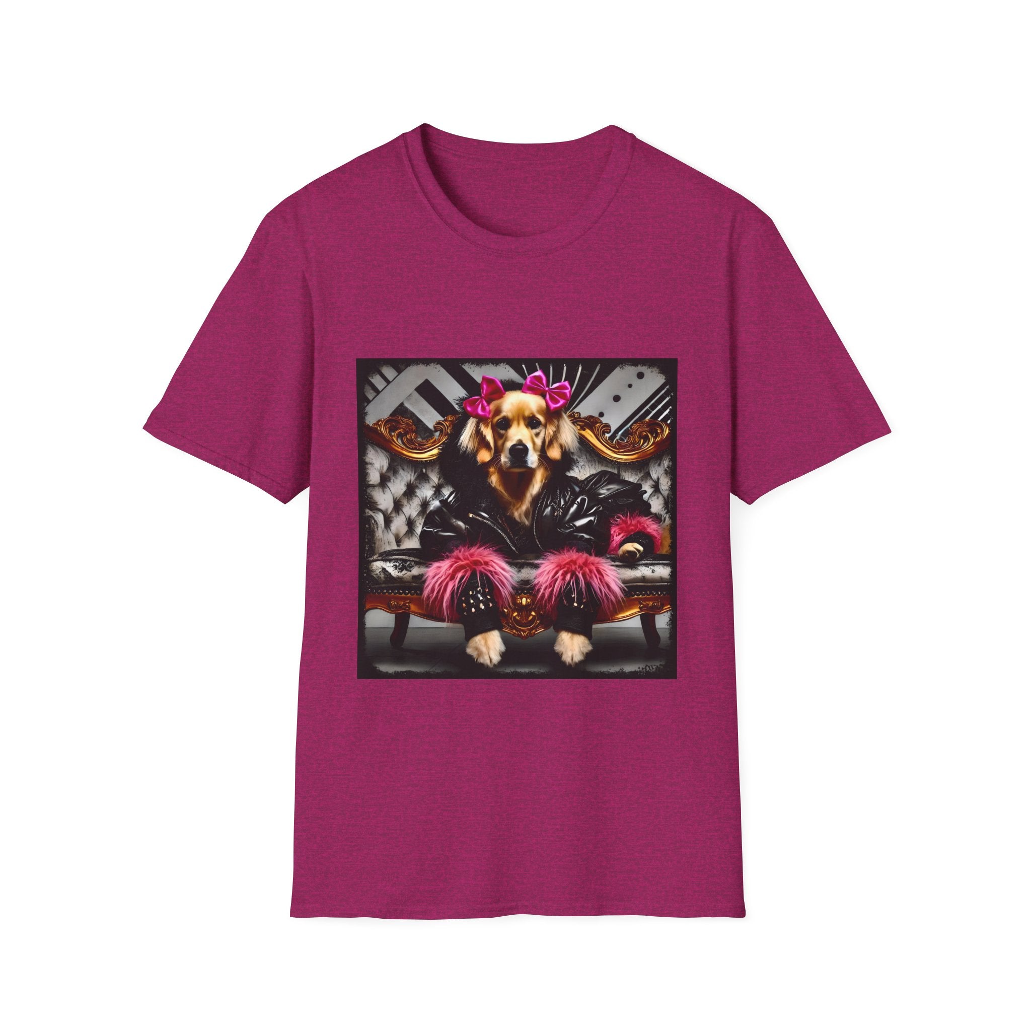 Heather raspberry dog t-shirt with golden retriever in edgy outfit, pink bows and cuffs, on silver tufted settee.