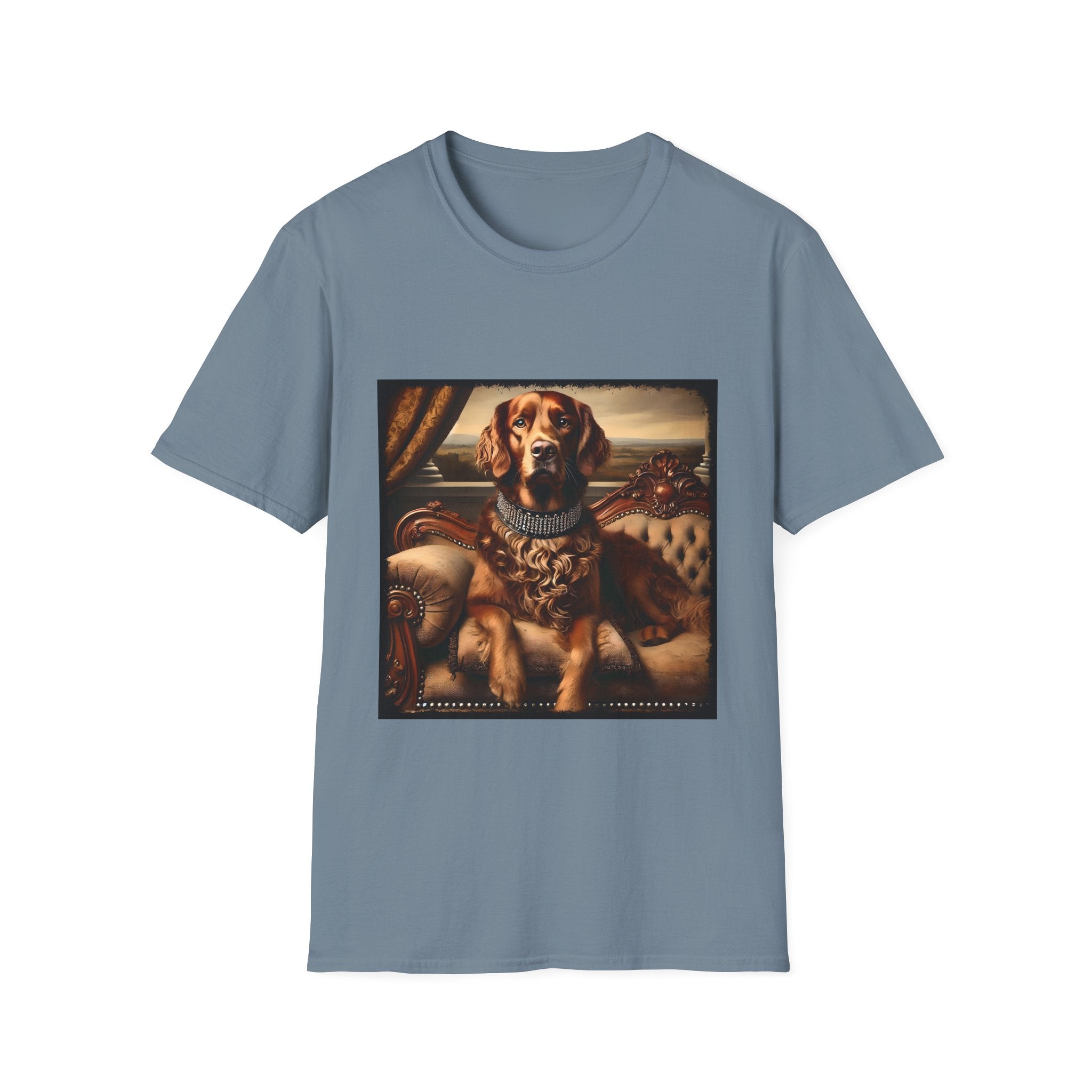 Stone blue dog t-shirt featuring a chocolate brown golden retriever in a jeweled collar, seated on a vintage tufted settee.