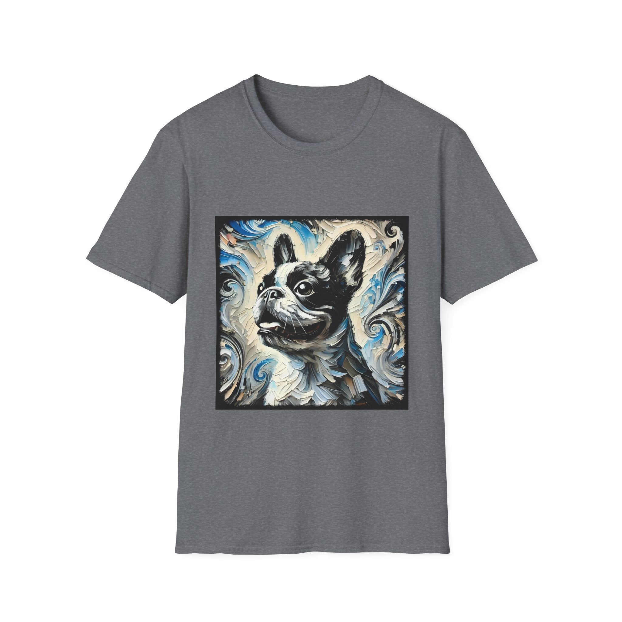 Graphite heather dog t-shirt with black and white French Bulldog portrait on swirl-patterned vintage background.