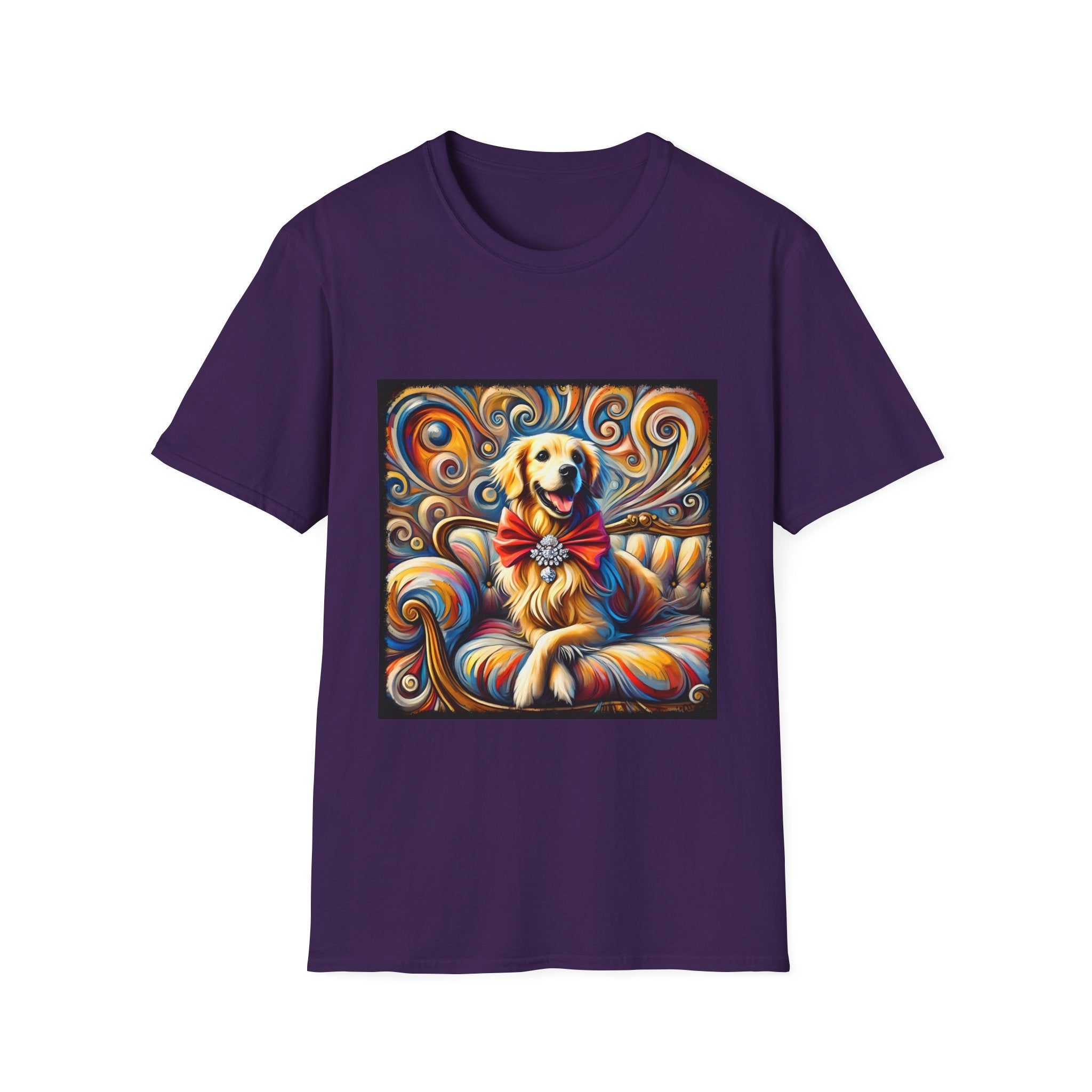 Purple dog t-shirt featuring golden retriever with red bow on colorful swirl settee background.