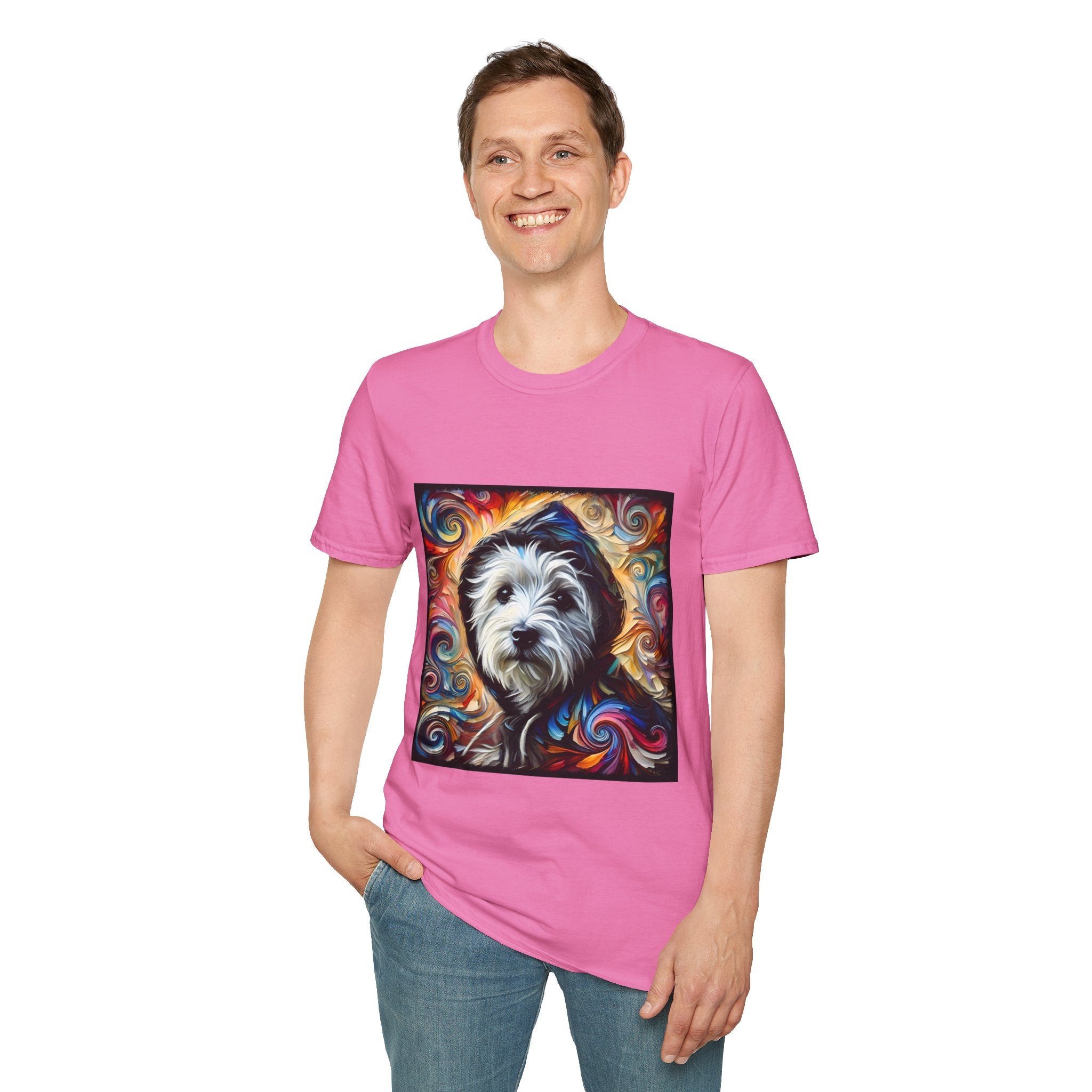 Male model in pink dog t-shirt featuring Westie in black hoodie with swirling red blue orange and gold background.