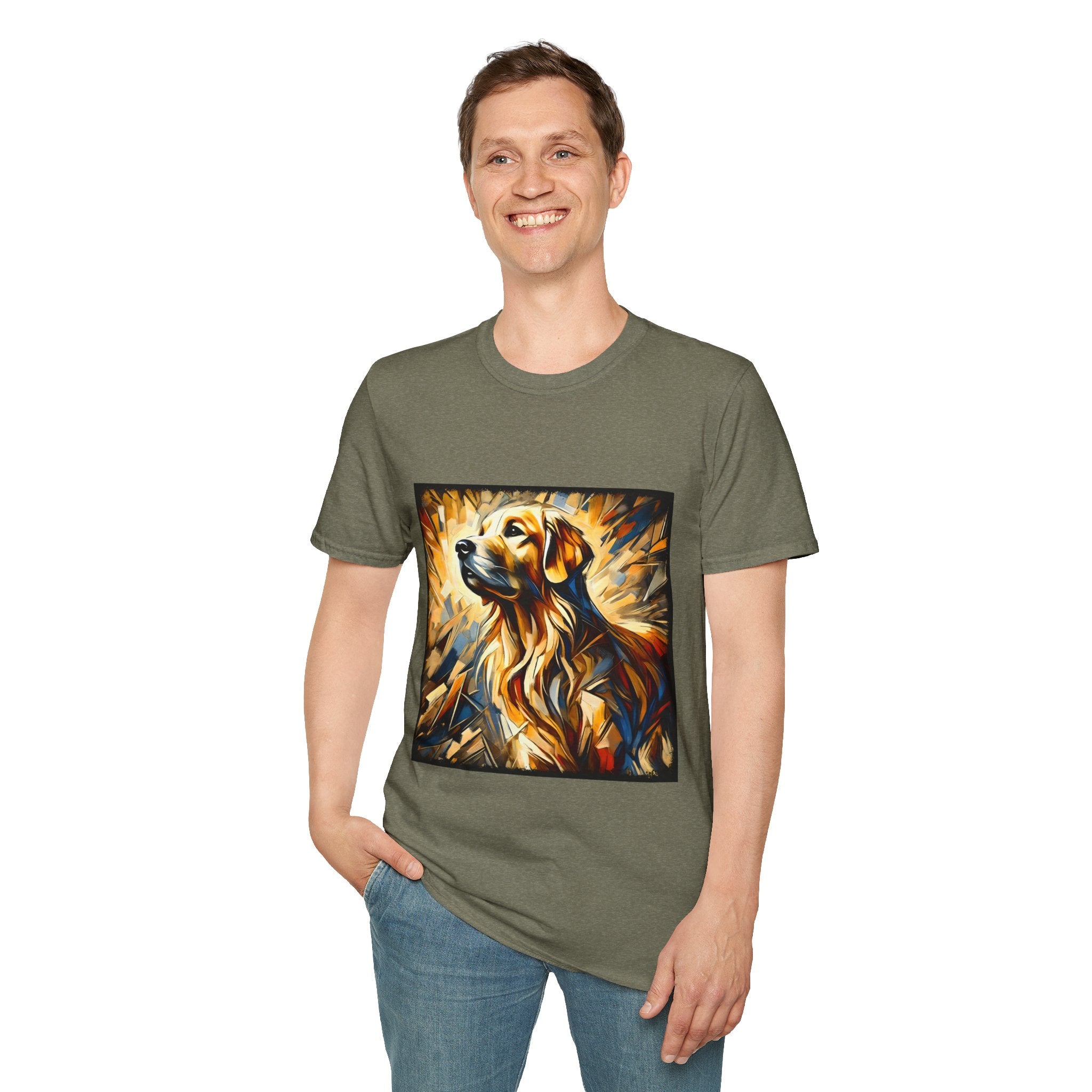 Male model in heather military green dog t-shirt featuring golden retriever portrait with fiery gold, blue, and amber abstract swirls.